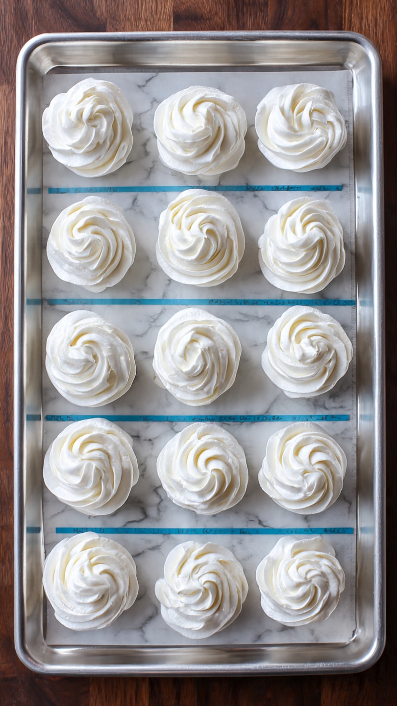 A small clear glass cup filled with smooth, white whipped cream swirled high into a soft peak. The cup sits on a plain white plate with a small silver spoon resting beside it. In the blurred background, there is a white cake with two layers of pale yellow sponge separated by red berry filling and topped with white frosting and red berries. A slice of the same cake is also visible behind the cup. The scene is set on a blue and white striped cloth over a white marbled surface. photo taken with an iphone --ar 4:5 --v 7