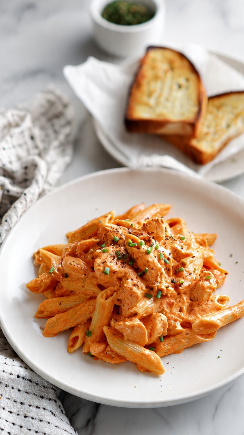 A white plate filled with two layers of penne pasta, covered in a creamy orange-red sauce with chunks of cooked chicken evenly mixed in, sprinkled on top with small, bright green chopped chives. In the background, there are two slices of toasted bread placed on a white crumpled paper, and a small white bowl containing mixed herbs on a white marbled surface. A white and gray spotted cloth is partially visible on the left side. The lighting is soft and natural, highlighting the creamy texture of the sauce and the slight crispiness of the toast. photo taken with an iphone --ar 4:5 --v 7