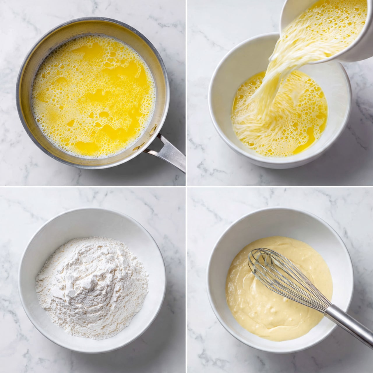 The image shows a four-step cooking process on a white marbled surface. The top left shows a silver pan filled with a yellow melted butter and milk mixture with a slightly frothy texture. The top right shows the same mixture being poured into a white bowl from the silver pan. The bottom left shows the white bowl filled with white flour on top of the yellow liquid. The bottom right shows a woman's hand using a small whisk to mix the flour into the liquid in the white bowl, creating a smooth pale yellow batter. photo taken with an iphone --ar 4:5 --v 7