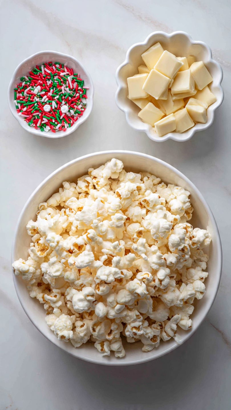 A large white bowl filled with light, fluffy popcorn that has soft spots of light golden brown, showing a slight toasted texture, sits on a white marbled surface. Above it, a smaller white bowl with a scalloped edge is filled with small, pale yellow chunks of white chocolate, creating a rough, uneven texture. To the left, there is another small white bowl containing red, green, and white festive sprinkles that include long red rods and small white flower-shaped pieces, giving a bright contrast. The composition is simple and clean, with the bowls arranged close together on the white marbled background. photo taken with an iphone --ar 4:5 --v 7