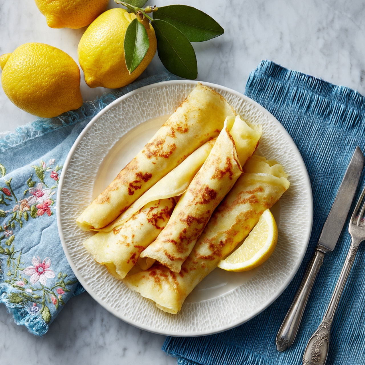 Three thin, light brown crepes are rolled and placed side by side on a white plate with a floral design. On top of the crepes, there is a curled lemon slice, bright yellow with a glossy texture from juice. In the blurry background, whole oranges add a warm orange color. The plate rests on a white marbled surface. photo taken with an iphone --ar 4:5 --v 7