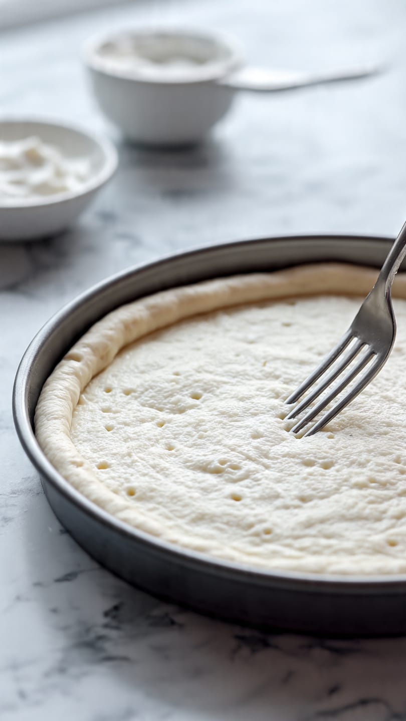 A clear glass bowl holds a single, smooth, round ball of pale dough, softly risen with small bubbles on the surface, covered partly with a clear plastic wrap hanging off the edge. The bowl sits on a rustic wooden table scattered with white flour powder. Around it, blurred kitchen tools such as a metal measuring cup with flour and a white plate with some remnants are visible. The whole scene is set against a white marbled texture. photo taken with an iphone --ar 4:5 --v 7