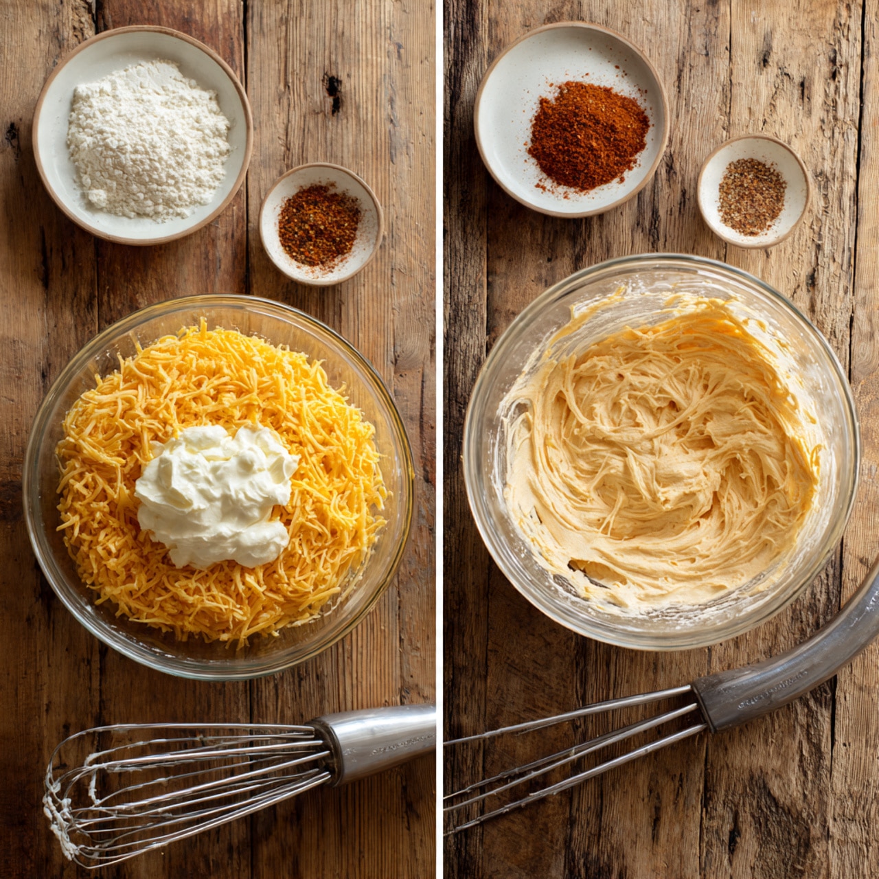 The image shows two side-by-side photos of a clear glass bowl on a wooden surface. In the left photo, the bowl has two layers: the bottom layer is yellow shredded cheese and the top layer is a dollop of white cream. Above the bowl, there are two white small plates, one filled with white flour and the other with brown and red spices. In front of the bowl, there is a silver mixer with two beaters resting on the wood. In the right photo, the cheese and cream are mixed together into a smooth, light orange creamy texture filling the bowl. The mixer beaters, now covered in the mixture, lie beside the bowl on the wooden surface. Photo taken with an iphone --ar 4:5 --v 7