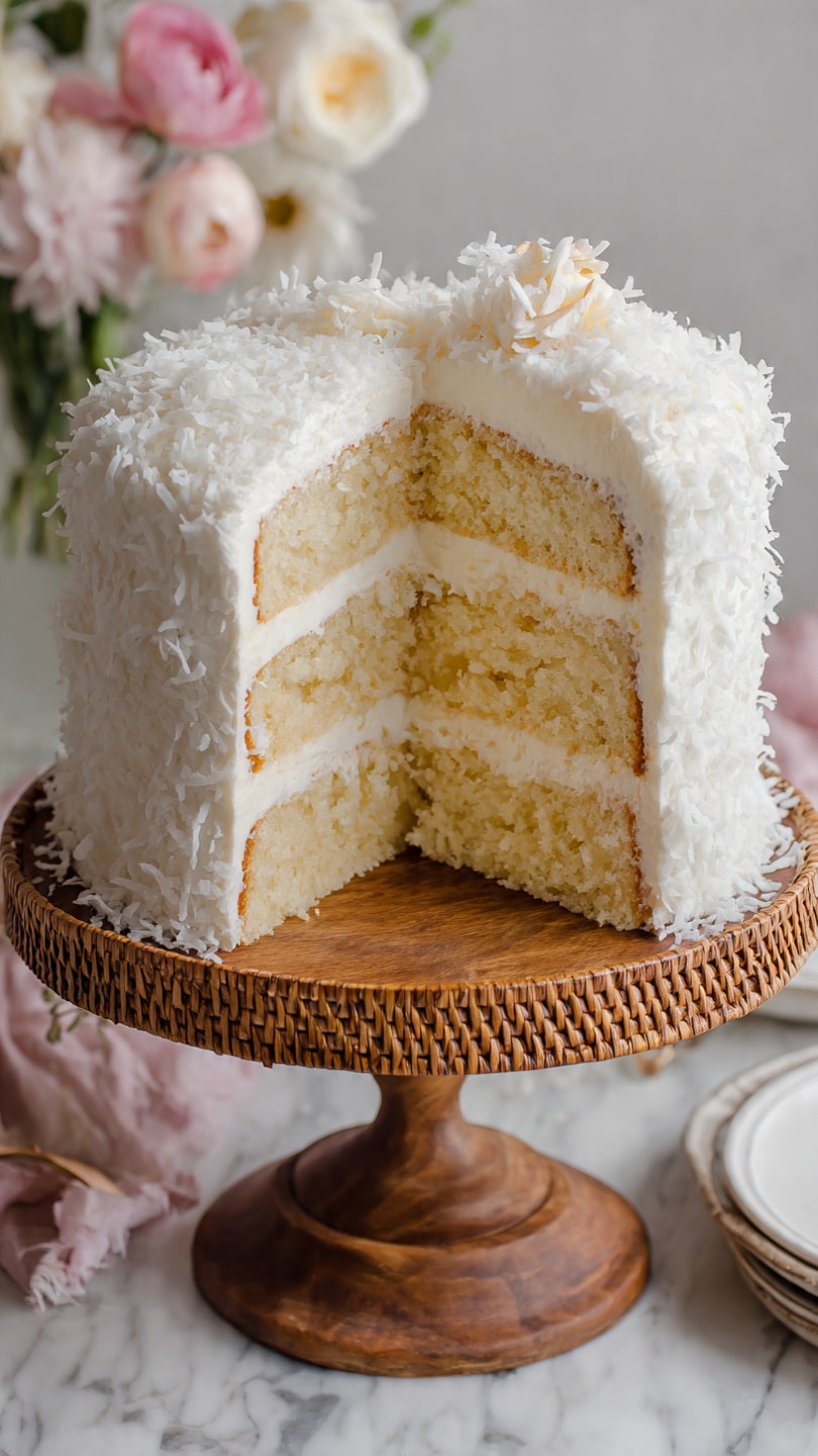 A white frosted coconut cake is shown with a slice removed, revealing four layers of light yellow sponge cake separated by thin white cream layers. The outside is fully covered with thick white frosting and topped with shredded coconut, giving it a fluffy texture. The cake sits on a wooden cake stand with a woven edge detail, placed on a white marbled surface. Soft pink and white floral arrangements can be seen blurred in the background. photo taken with an iphone --ar 4:5 --v 7