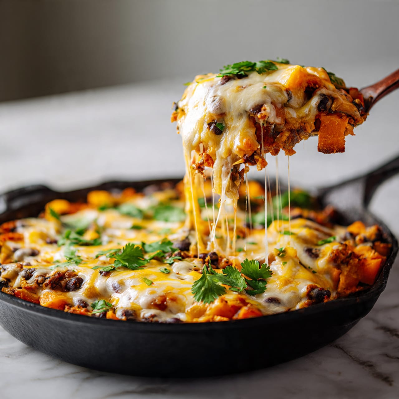 The dish is shown in a black cast iron pan filled with several layers of baked food. The base layer looks orange and chunky, likely sweet potato or squash, mixed with black beans spread evenly across the pan. On top of this base, there is a thick layer of melted yellow and white cheese, which is stringy as a spoon lifts a big scoop from the pan. Green cilantro leaves are scattered on top, adding a fresh look. The pan sits on a white marbled surface, and a woman’s hand is holding the spoon lifting the food. The image is bright and detailed, showing the melted cheese and layered texture clearly photo taken with an iphone --ar 4:5 --v 7