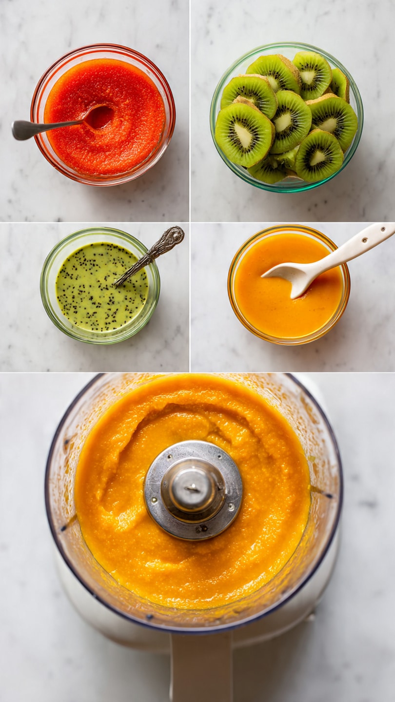 Two popsicles lie on a white rectangular plate placed on a white marbled surface. Each popsicle has three clear layers: the bottom layer is bright orange with a smooth texture, the middle layer is deep red, and the top layer is light green with visible small dark seeds, giving it a slightly rough texture. Each popsicle has a wooden stick inserted at the top. The image shows a close and clean presentation. photo taken with an iphone --ar 4:5 --v 7