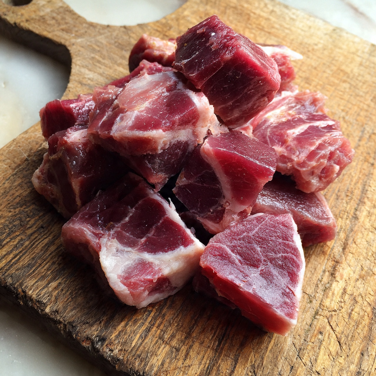 A pile of raw meat pieces with a mix of dark red and light pink color tones, showing clear marbling and fat lines, arranged loosely on a wooden chopping board with a worn texture. The meat pieces vary in size and shape, stacked unevenly in the center of the board on a white marbled surface background. photo taken with an iphone --ar 4:5 --v 7