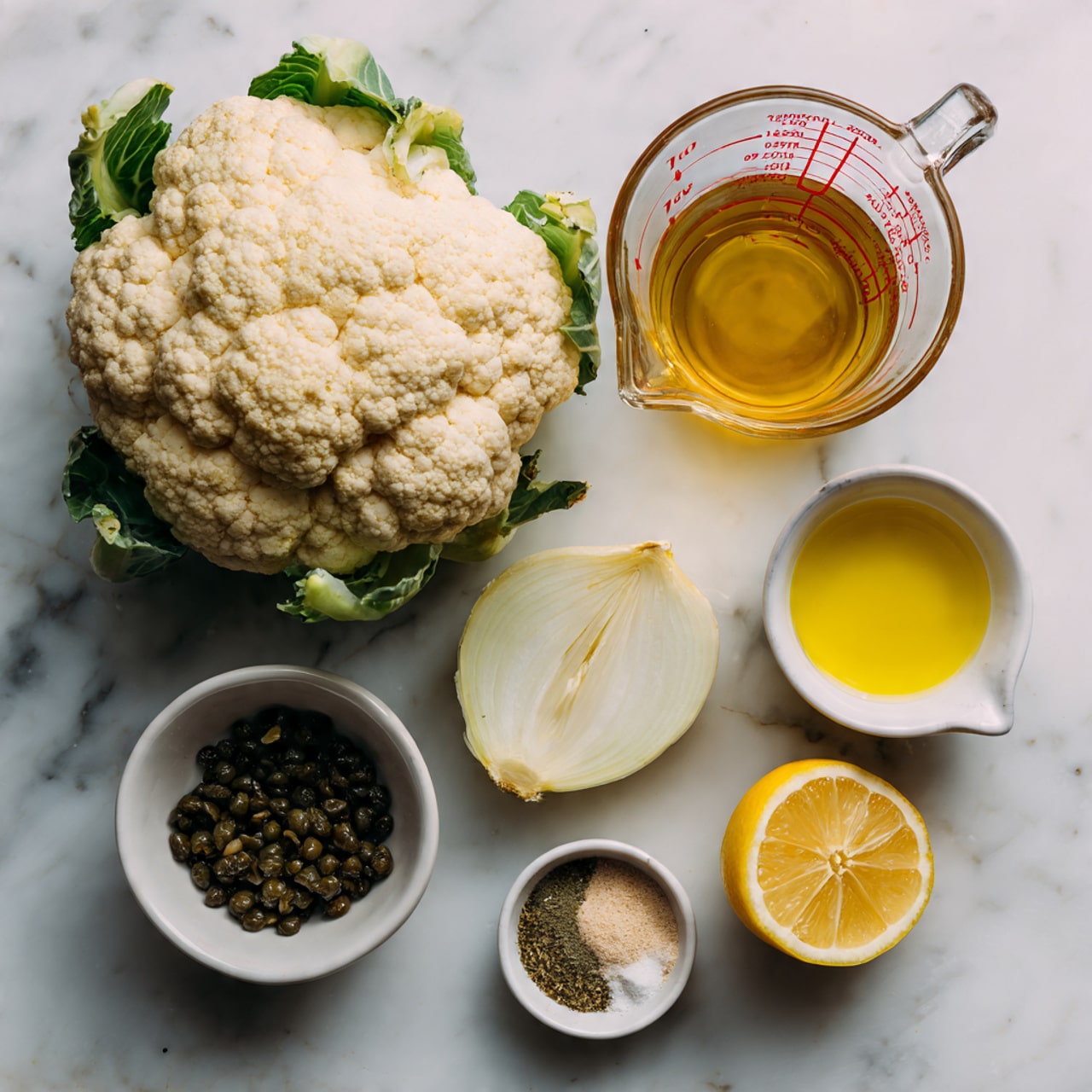 The image shows two white plates each with a thick slice of roasted cauliflower that is light golden brown on the edges with white centers. On top of the cauliflower is a layer of thin, cooked onion rings that are soft and golden, mixed with small dark green capers. Scattered over this are small bits of bright green chopped parsley and some yellow lemon zest strips. Nearby, there are small white bowls filled with dark green capers and chopped parsley on a white marbled surface alongside a ripe red tomato and two lemon halves. photo taken with an iphone --ar 4:5 --v 7