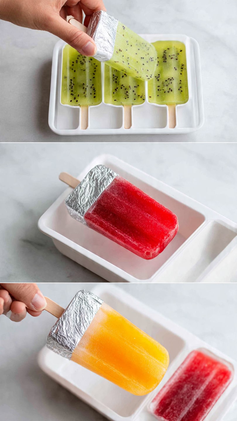 The first image shows a close-up top view of a food processor bowl filled with bright orange puree with a metal blade in the center. The second image shows the same white food processor bowl, now filled with thick green slices of kiwi fruit, arranged around the center blade. The third image shows three small glass bowls sitting on a white marbled surface: the left bowl contains red puree with a silver spoon, the middle bowl contains green puree with black seeds and a beige spoon with a white handle, and the right bowl contains bright orange puree with a white spoon. photo taken with an iphone --ar 4:5 --v 7