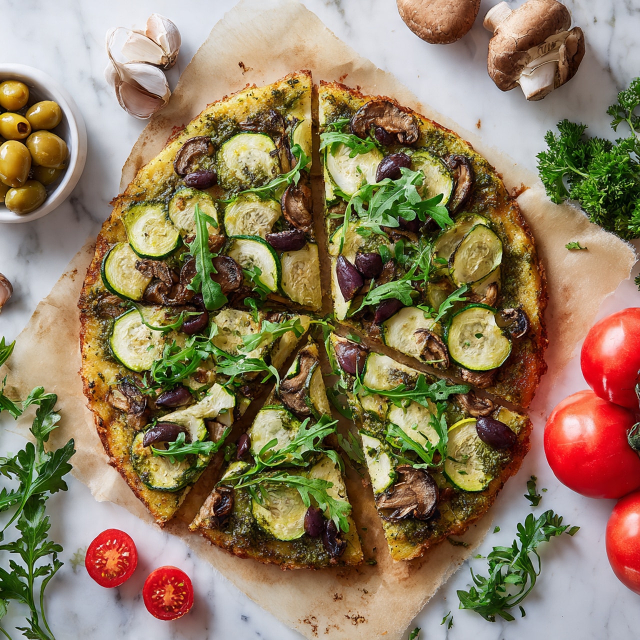 The image shows a pizza cut into eight slices on a sheet of parchment paper. The pizza has a golden, crispy crust with a thin layer of green pesto spread evenly as the first layer. On top of the pesto, thin slices of pale green zucchini are arranged neatly. Scattered over the zucchini are small pieces of dark purple olives and browned mushrooms, creating a varied texture. The final layer is fresh green arugula leaves spread across the pizza, adding a vibrant, leafy look. Around the pizza, there are fresh parsley sprigs, whole garlic bulbs, a white bowl of olives, and bright red tomatoes placed on a white marbled surface. Photo taken with an iphone --ar 4:5 --v 7