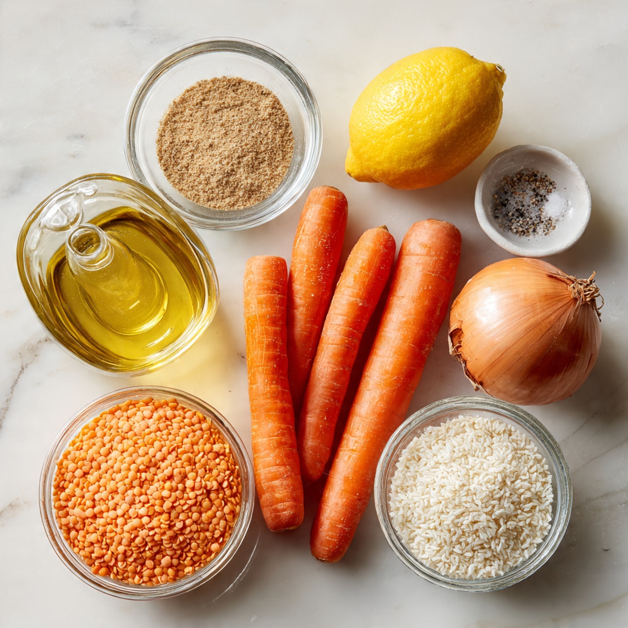 A white marbled surface holds eight items neatly arranged: a small clear glass bowl with brown powder, a whole yellow lemon, two long orange carrots side by side, a whole brown onion, a small clear bowl with white rice grains, a larger clear bowl filled with orange lentils, a small glass bottle filled with light yellow oil, and a very small clear bowl containing white salt and black pepper. Photo taken with an iphone --ar 4:5 --v 7