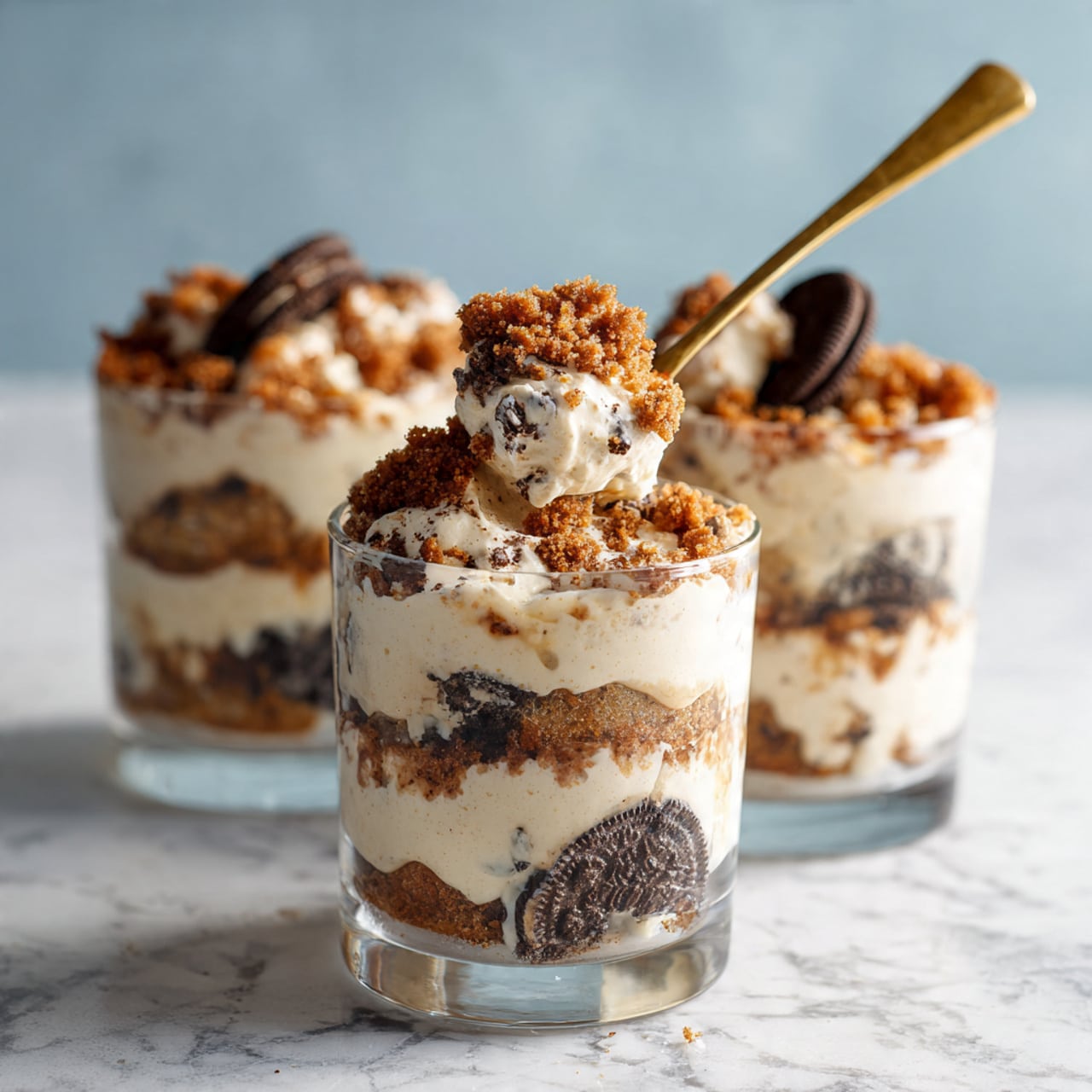 The image shows three clear glass cups filled with a dessert that has two thick creamy beige layers mixed with visible darker cookie pieces. Each cup has a crumbly brown topping with bits of cookie. The front glass is the focus, with a woman's hand holding a gold spoon lifting a spoonful of creamy dessert with some crumbly topping. The cups are placed on a white marbled surface with a soft light blue and white background. photo taken with an iphone --ar 4:5 --v 7