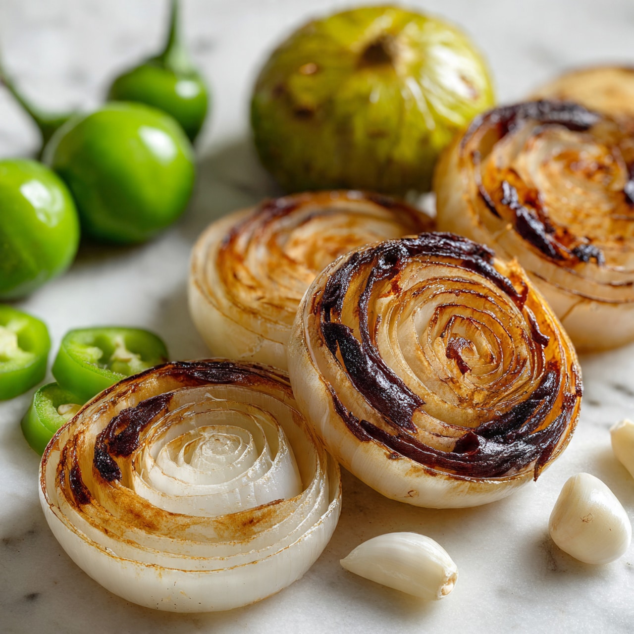 The image shows a close-up of roasted or charred thick onion slices with white and light brown layers curling outward on a white marbled surface. Behind the onion, there are green chili peppers, both whole and sliced open showing their pale seeds, lying across a whole yellowish-green tomatillo. Small white garlic pieces are scattered around the tomatillo and chili peppers, adding contrast. The colors range from white and golden brown at the front to dark green and yellow-green at the back. The textures appear soft and slightly oily, with a gentle shine on the vegetables. Photo taken with an iphone --ar 4:5 --v 7