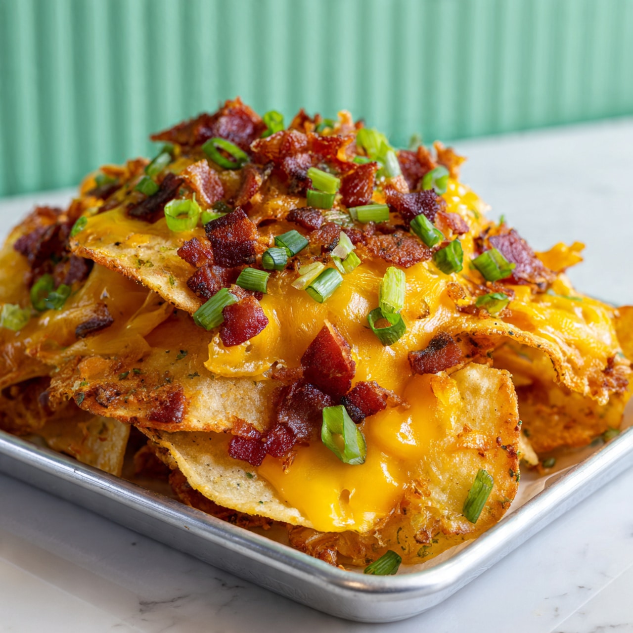 A woman's hand is holding a single crispy potato chip topped with bright orange melted cheddar cheese, dark brown crispy bits of bacon, and small pieces of fresh green onion. More loaded chips with the same toppings fill a white metal tray underneath, creating a colorful mix of yellow chips, orange cheese, red-brown bacon, and green onions. The background shows a textured pale green wall, and the whole scene is set on a white marbled surface. photo taken with an iphone --ar 4:5 --v 7
