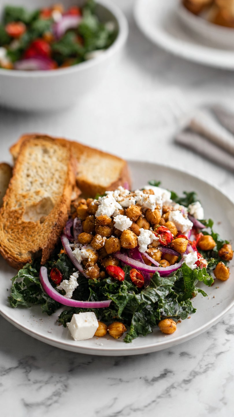 A large white bowl sits on a white marbled surface, filled with six distinct layers. The base layer is dark green chopped kale, covering the whole bowl. On top of the kale, moving clockwise, there are bright red roasted peppers finely sliced, thin rings of light purple onion, small diced light green cucumber pieces, a pile of golden brown roasted chickpeas in the center, and soft white crumbled cheese dusted with black pepper near the bottom right. Near the bottom left, there are shiny dark purple kalamata olives, some whole and some halved, resting on the kale. The colors and textures create a bright, fresh, and inviting look. Photo taken with an iphone --ar 4:5 --v 7