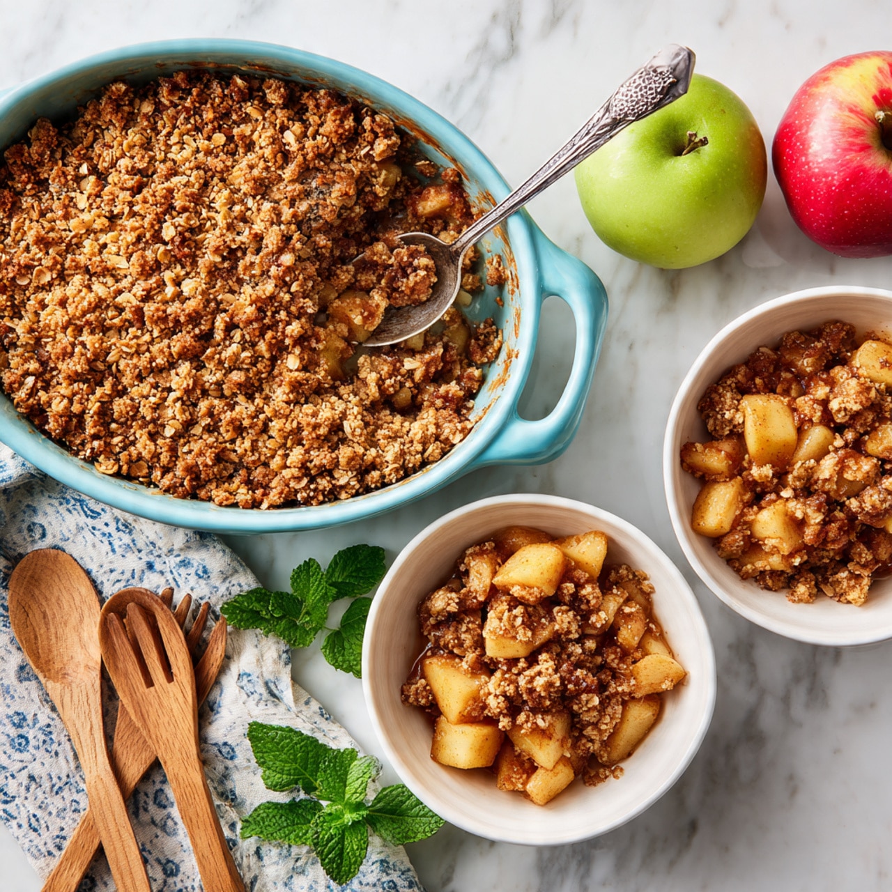 The image shows a white marbled surface with a light blue ceramic dish on the left side filled with a baked apple crumble topped with a golden-brown oat mixture. A silver spoon rests inside the dish. In front of the blue dish are two white bowls, both filled with chunks of cooked apples mixed with oats and raisins, displaying a soft brown and golden color texture. On the right side of the image, there are two whole apples, one red and one green. Nearby, there are light wooden spoon and fork utensils. Some fresh green mint leaves and a patterned cloth napkin are partly visible at the bottom corners. Photo taken with an iphone --ar 4:5 --v 7