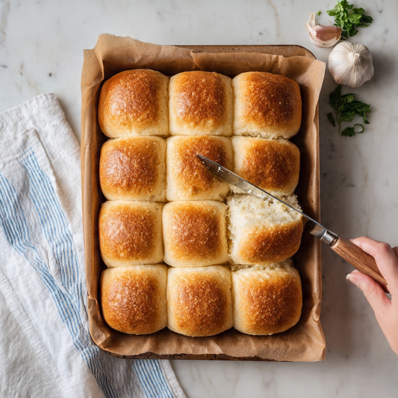 The image shows a white rectangular plate filled with rows of small sandwich pieces. Each piece has three main layers: a top golden-brown rectangular bread piece sprinkled with green herbs and garlic bits, a middle thick slice of bright red pepperoni, and a bottom white melted cheese layer with a smooth and creamy texture. The bread looks soft with a shiny surface, and the pepperoni is slightly curved around the cheese. The plate rests on a white marbled surface with some green parsley on the side. photo taken with an iphone --ar 4:5 --v 7