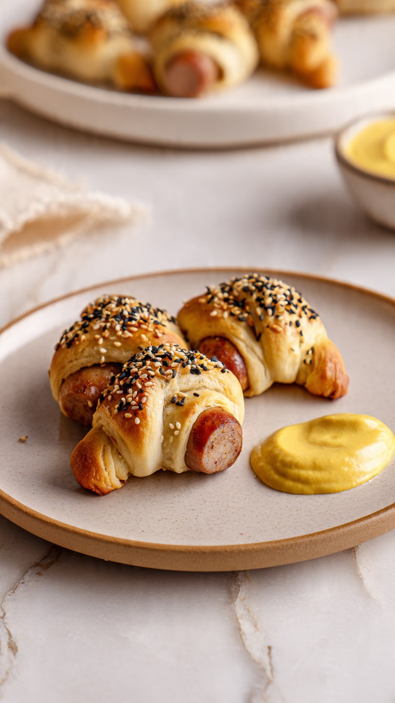 A white plate holds multiple small sausage rolls, each made of a reddish-brown sausage wrapped in three layers of light golden dough sprinkled with black and white seeds on top. The rolls are piled close together. Next to the plate on a white marbled surface, there is a small white bowl filled with yellow mustard sauce. The overall setting is bright and textured, showing the flaky and soft nature of the dough with the smooth sausages inside. Photo taken with an iphone --ar 4:5 --v 7