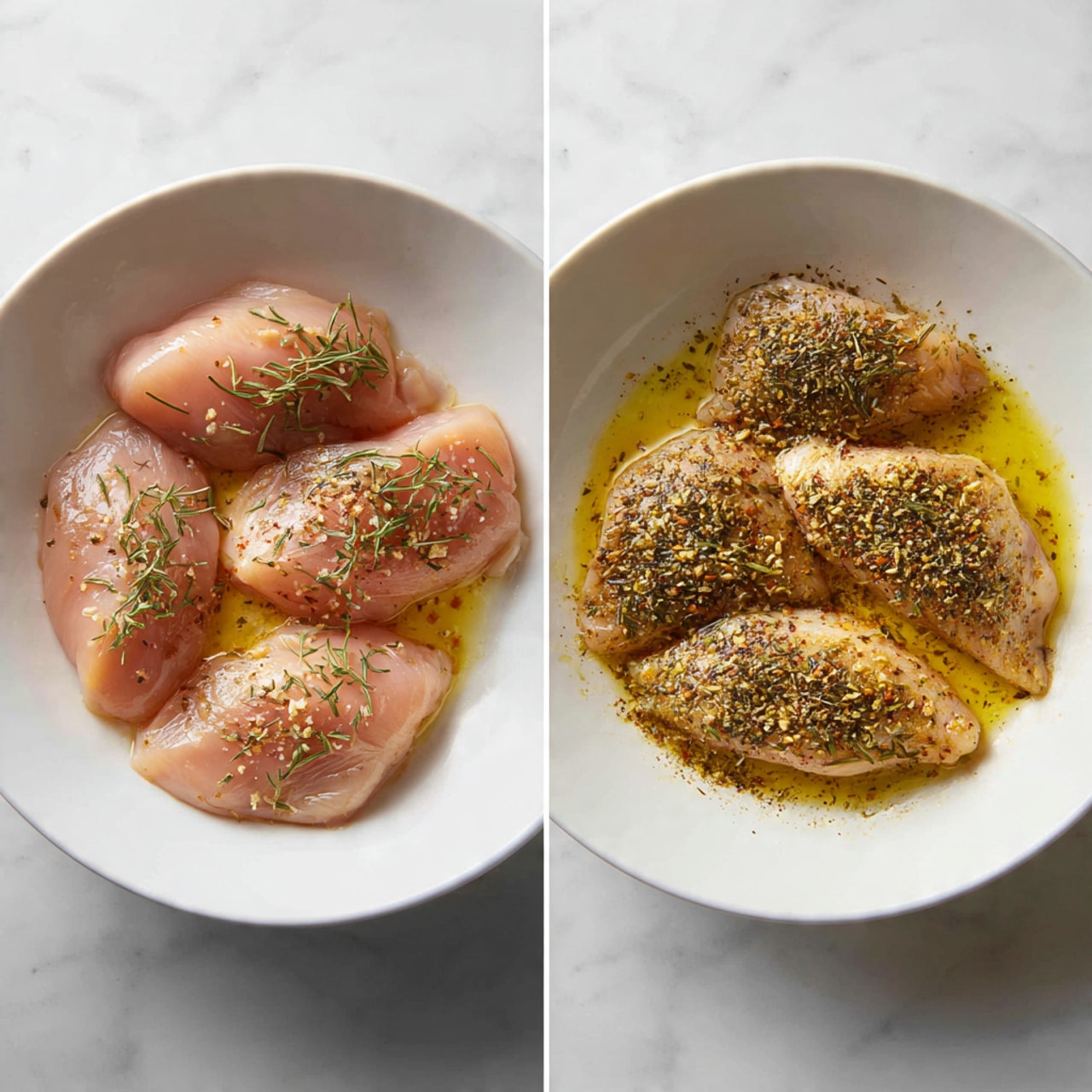 In the first image, there are five pieces of raw chicken placed in a white bowl, showing a light pink color with smooth, slightly shiny texture. In the second image, the same five pieces of raw chicken are in the white bowl, but now they are covered with a layer of golden-yellow oil and sprinkled evenly with a mix of dried herbs and spices that have brown and green tones. The bowl is set on a white marbled surface. Photo taken with an iphone --ar 4:5 --v 7