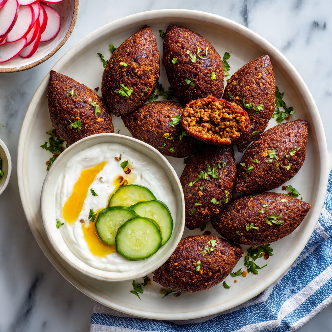 A white plate holds twelve oval-shaped, dark brown fried kibbeh arranged in a circle with some fresh chopped green parsley scattered on top and in the center of the ring. The kibbeh have a textured, crispy outer layer. The plate is placed on a white and navy blue checkered cloth, all set on a white marbled surface. photo taken with an iphone --ar 4:5 --v 7