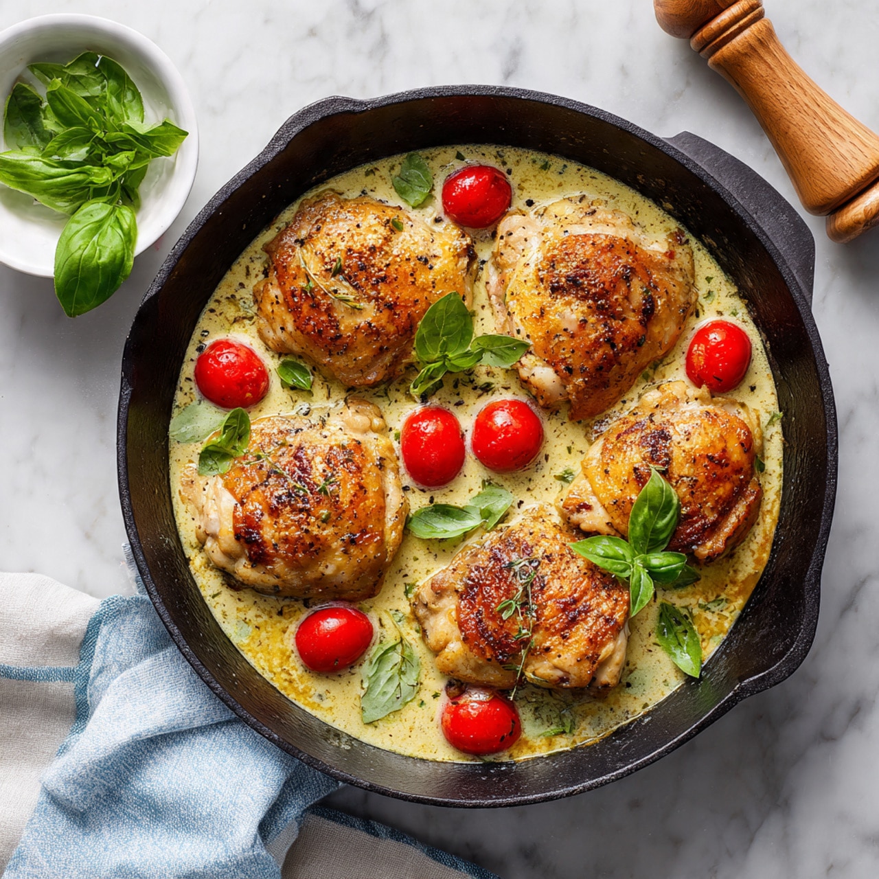 A black cast iron pan holds four golden brown cooked chicken pieces arranged evenly in a circle, surrounded by a vibrant green creamy sauce with a slightly chunky texture. Scattered around the chicken are several small bright red cherry tomatoes that add pops of color. Fresh green basil leaves are placed on top of the chicken and sauce, giving a fresh look. The pan sits on a white marbled surface with a light blue and white striped cloth partially under the pan. Nearby is a small white bowl with a few fresh basil leaves and a wooden salt grinder. Photo taken with an iphone --ar 4:5 --v 7