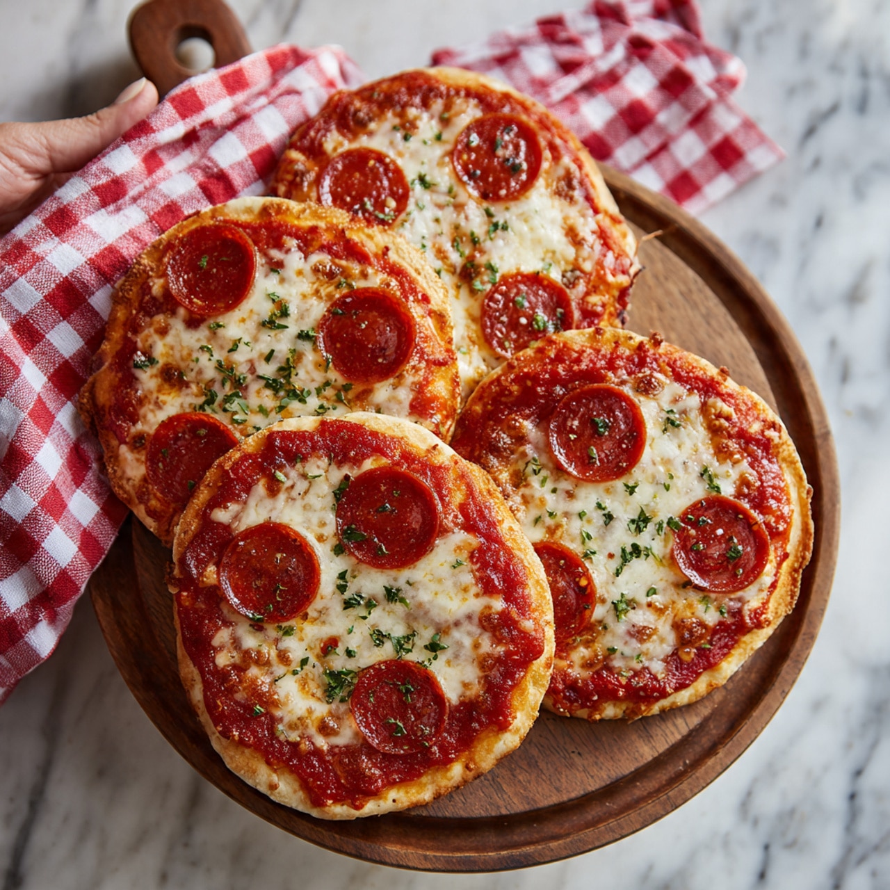 Four small round pizzas are shown, each with three layers: the base is a light golden-brown dough with a soft, slightly puffy texture; on top is a layer of bright red tomato sauce spreading evenly; the upper layer is melted, pale golden cheese, covered with circular shiny dark red pepperoni slices arranged closely and sprinkled with small green herbs. The pizzas rest on a wooden board, and a woman’s hand holds the board from behind with a red and white checkered cloth in the background. The surface underneath is white marble. Photo taken with an iphone --ar 4:5 --v 7