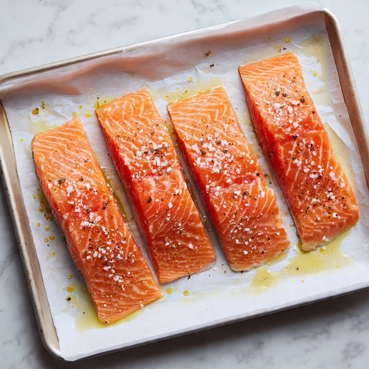 Four large salmon fillets lie flat on a baking tray lined with white parchment paper. Each fillet is a bright orange-pink color with natural lines running through the flesh, topped evenly with coarse salt and specks of black pepper, with hints of yellow oil drops scattered across. The baking tray is placed on a white marbled surface, and the scene is lit with soft, natural light from above. photo taken with an iphone --ar 4:5 --v 7