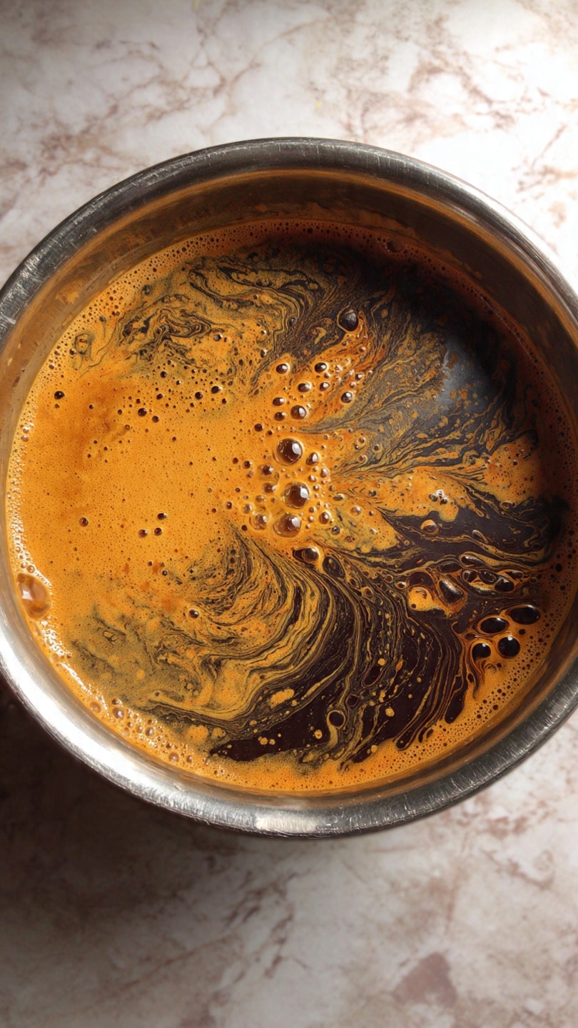 A white ceramic cup with a light beige frothy drink inside sits on a white plate. The plate holds scattered green cardamom pods, dark brown cloves, and one cinnamon stick. In the background, there is a glass container with brown powder inside, partially visible, and a blue and white striped cloth. The scene is set on a white marbled surface. photo taken with an iphone --ar 4:5 --v 7