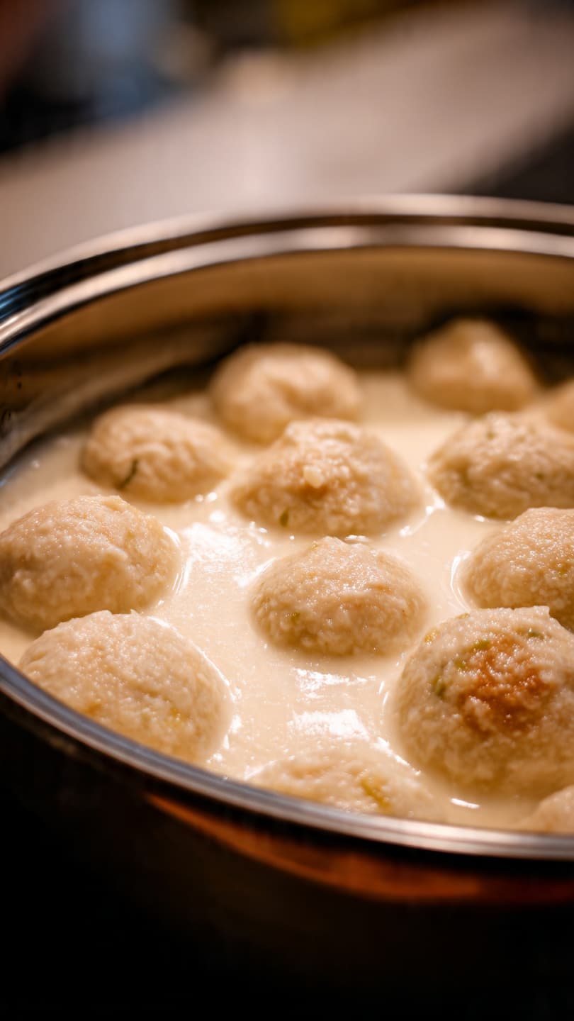 A white bowl filled with whitish round soft dumplings floating in a light white milk or cream liquid, each dumpling has a rough, slightly grainy texture. Thin light green slivers of pistachio nuts are scattered both on the dumplings and floating in the milk, adding some color contrast. The bowl is white with a subtle hint of color near the rim, placed on a white marbled background with a silver spoon resting inside the bowl on the right side. photo taken with an iphone --ar 4:5 --v 7