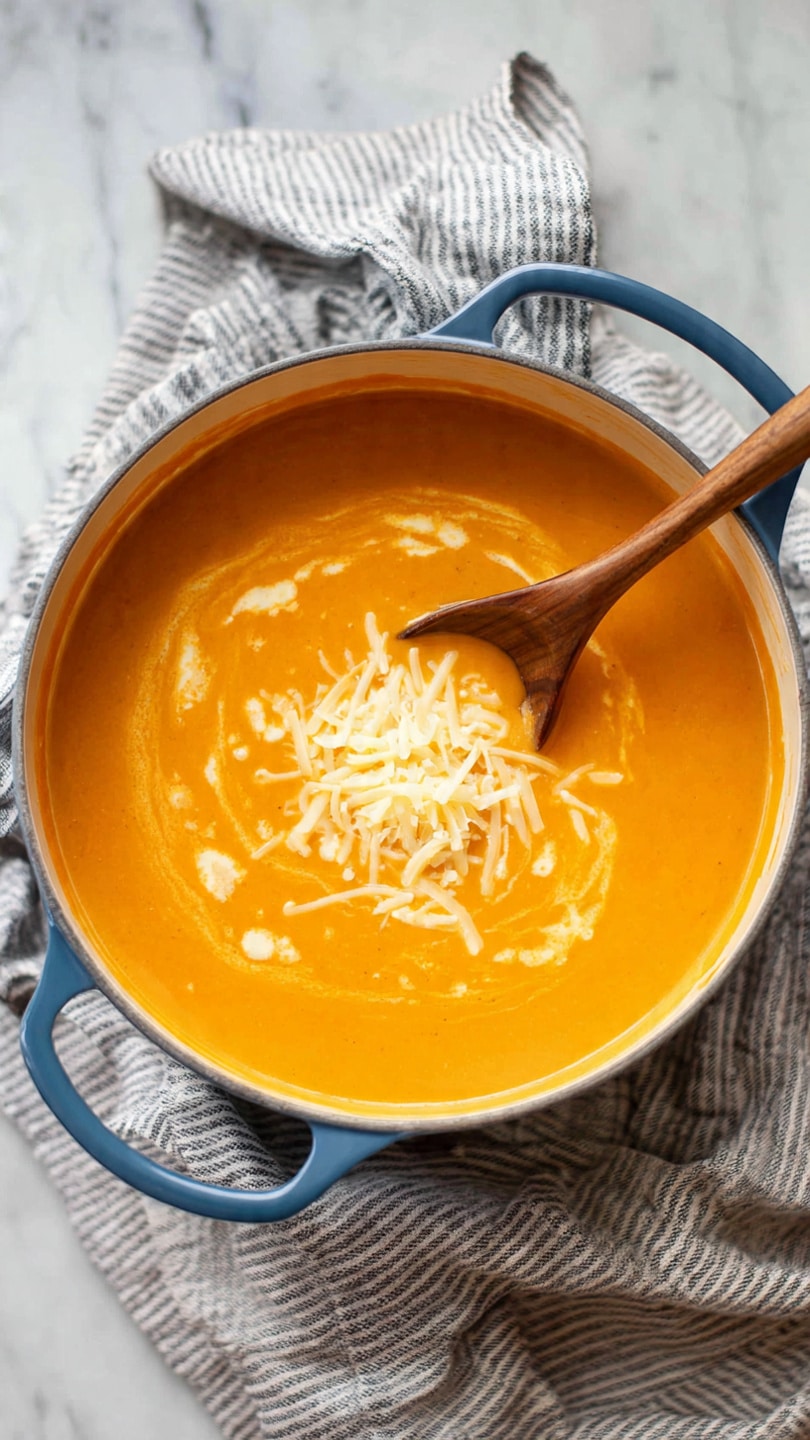 A round blue pot filled with thick orange soup is placed on a striped gray and white cloth over a white marbled surface. The soup has a creamy texture with a swirl of lighter cream mixed in. There is a small heap of shredded pale yellow cheese in the middle of the soup. A wooden spoon is stirring the cheese into the soup, its tip partly submerged and covered with soup. photo taken with an iphone --ar 4:5 --v 7