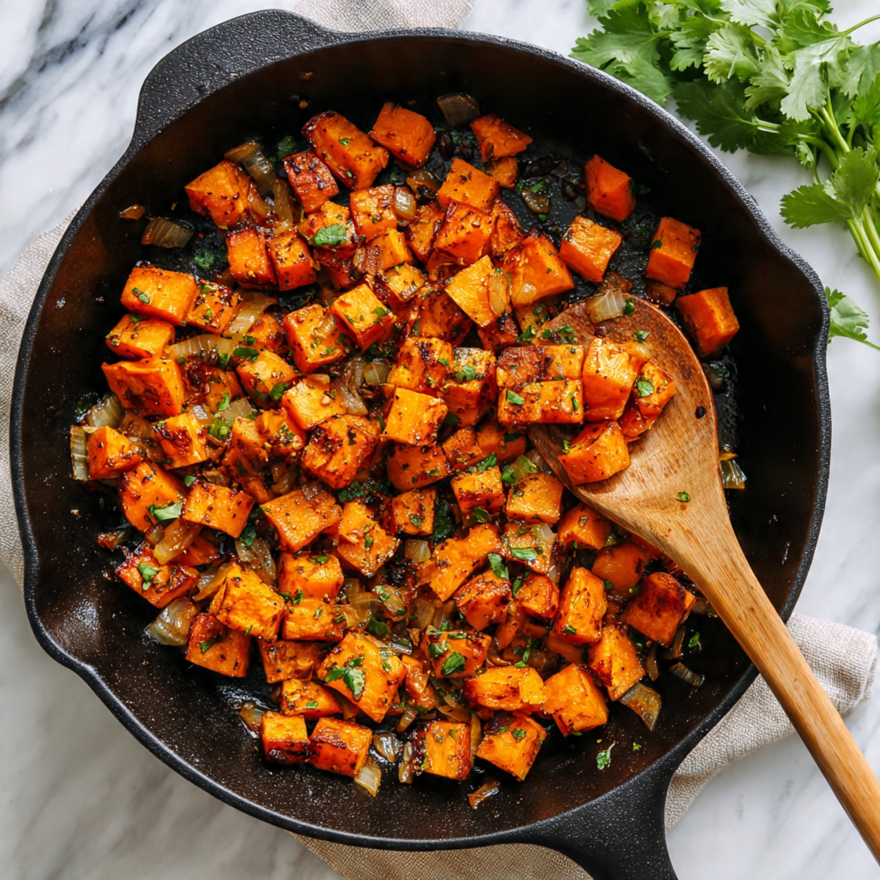 The image shows a black cast iron skillet filled with a colorful cooked dish made of three main layers: a bottom layer of small orange cubes mixed with black beans, a middle layer of melted golden-yellow cheese spread unevenly across the top, and a garnish of chopped green herbs scattered over everything. A silver spoon is partially scooping out a portion of the dish. Next to the skillet on a white marbled surface is a white plate holding a serving of the same dish. The scene also includes a striped cloth napkin placed under the skillet handle and a few loose green herb leaves around. Photo taken with an iphone --ar 4:5 --v 7