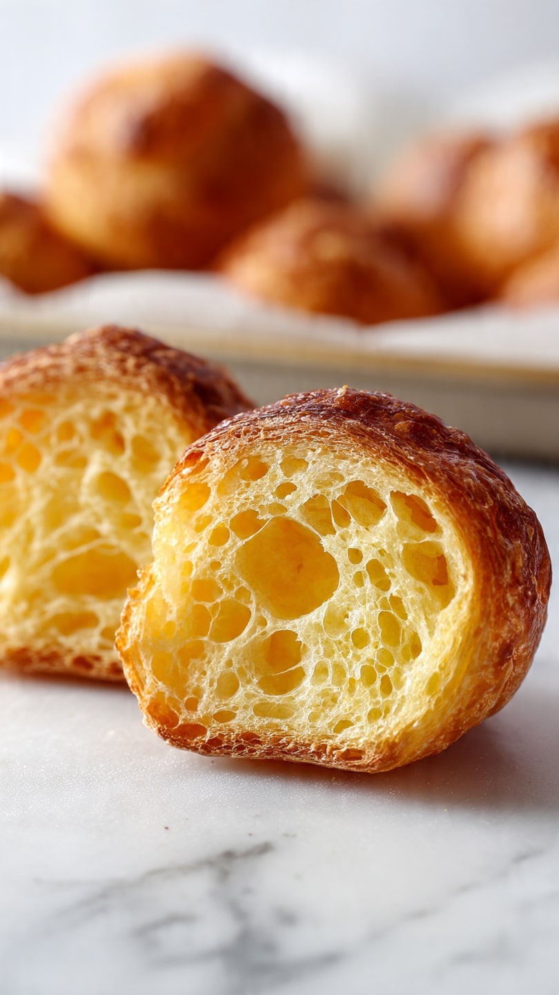 The image shows several small round cream puffs with a light golden brown top and a slightly cracked surface, arranged on a tan parchment paper sprinkled with white powdered sugar. The cream puffs have a smooth, baked texture with a soft rise and are evenly spaced in rows, with the closest one in clear focus and the others softly blurred in the background. The whole scene is set on a white marbled surface. photo taken with an iphone --ar 4:5 --v 7