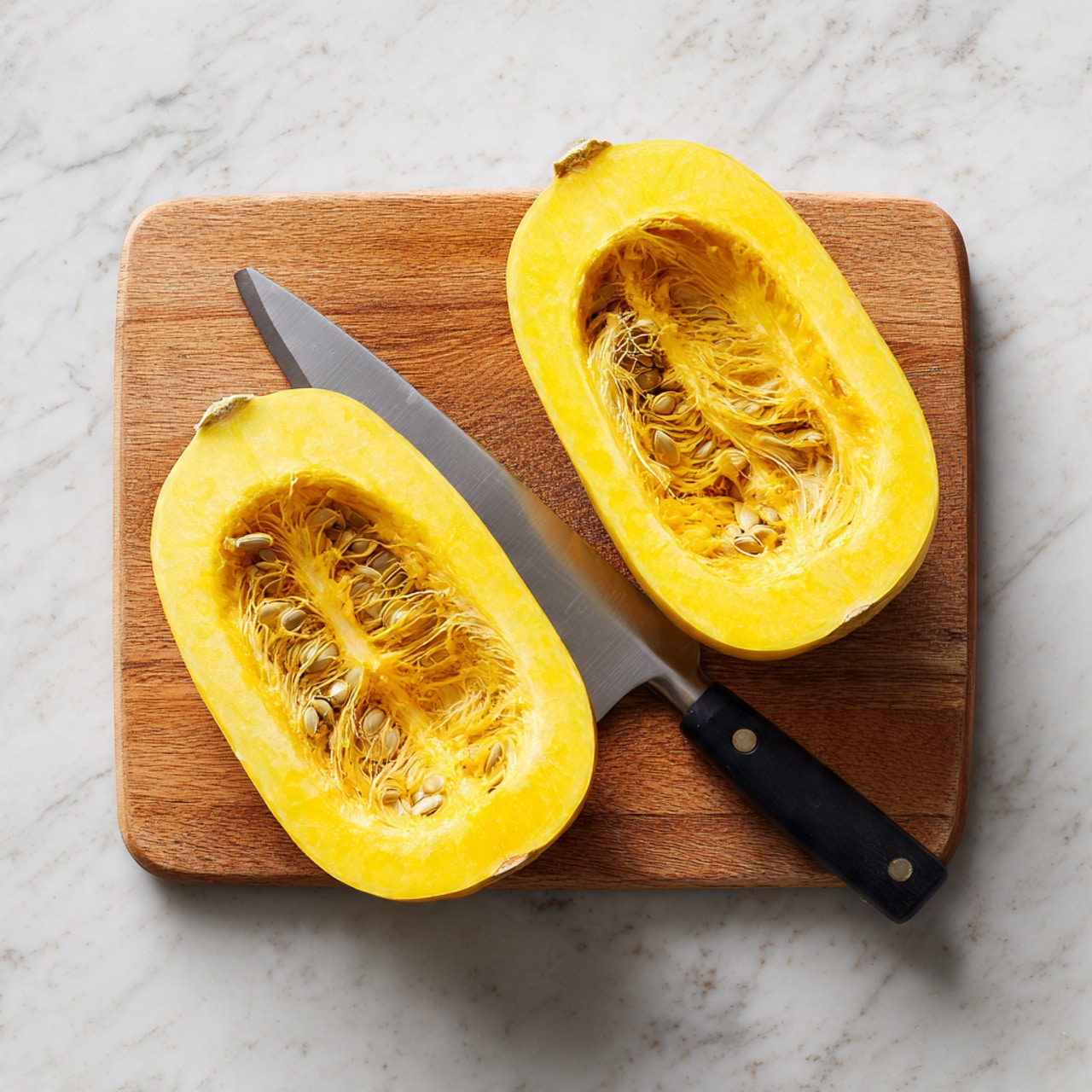 The image shows four halves of roasted butternut squash arranged neatly on a baking sheet. Each squash half forms the base layer with a bright orange and smooth texture. The hollowed centers of the squash are filled with a colorful mixture that includes round beige chickpeas, dark red dried cranberries, green kale pieces, and small grains of light brown quinoa, creating a contrast in texture and color. The baking sheet underneath is a worn metal with a rustic appearance, placed on a white marbled surface with a blue and white striped cloth partially visible in the background. The overall look is fresh and vibrant, with a balance of colors and natural textures photo taken with an iphone --ar 4:5 --v 7