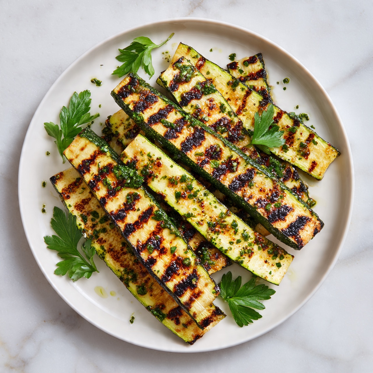 A white plate featuring a single layer of grilled zucchini sticks arranged in a slightly overlapping pattern. The zucchini is light green with charred grill marks in brown and black scattered along their surfaces, giving a slightly golden-yellow appearance in some areas. Small green herb bits are sprinkled across the zucchini, adding spots of fresh green color. A few green parsley leaves are placed on the plate edges for garnish. The plate is placed on a white marbled surface. Photo taken with an iphone --ar 4:5 --v 7