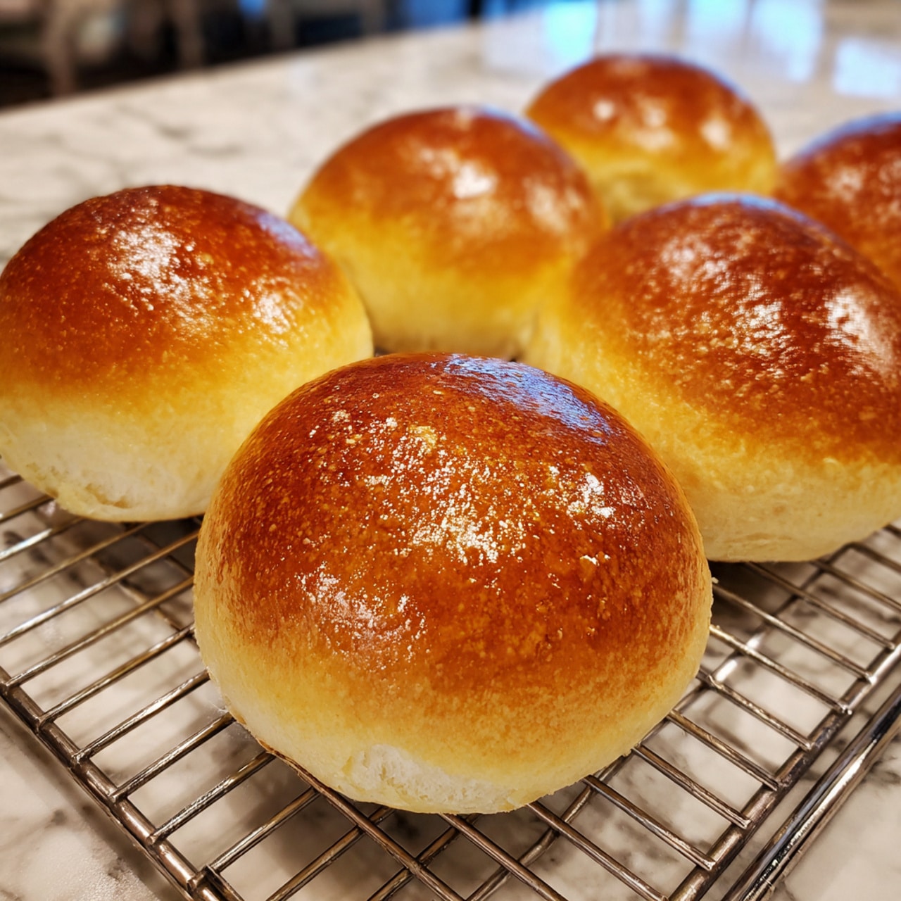 There are six round bread rolls with shiny, golden brown tops arranged closely on a cooling rack. The sides of the rolls are soft and pale yellow with a fluffy texture. The cooling rack sits on a white marbled surface. photo taken with an iphone --ar 4:5 --v 7