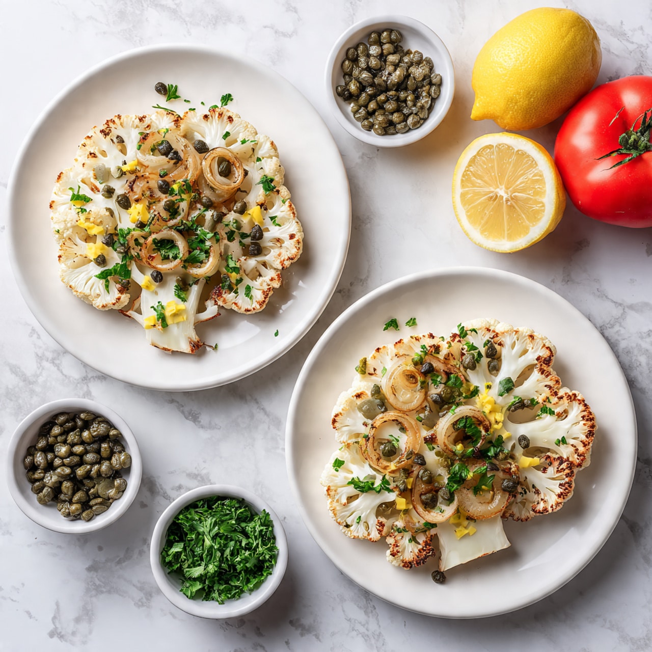 The image shows a group of ingredients arranged on a white marbled surface. At the top left, there is a whole head of pale yellow cauliflower with some small green leaves at its base. To its right, a clear glass measuring cup holds golden liquid with red measurement markings. Below the cauliflower, a small white bowl contains dark green capers. A half-cut white onion with light brown skin sits next to the bowl. On the right side of the onion, a small white cup filled with light yellow olive oil is placed. Below, there is a lemon half displaying bright yellow flesh. Next to the lemon, two small white bowls hold powder spices, one beige and the other green mixed with white. The scene is simple and clean, with a focus on the fresh and natural look of these ingredients. photo taken with an iphone --ar 4:5 --v 7