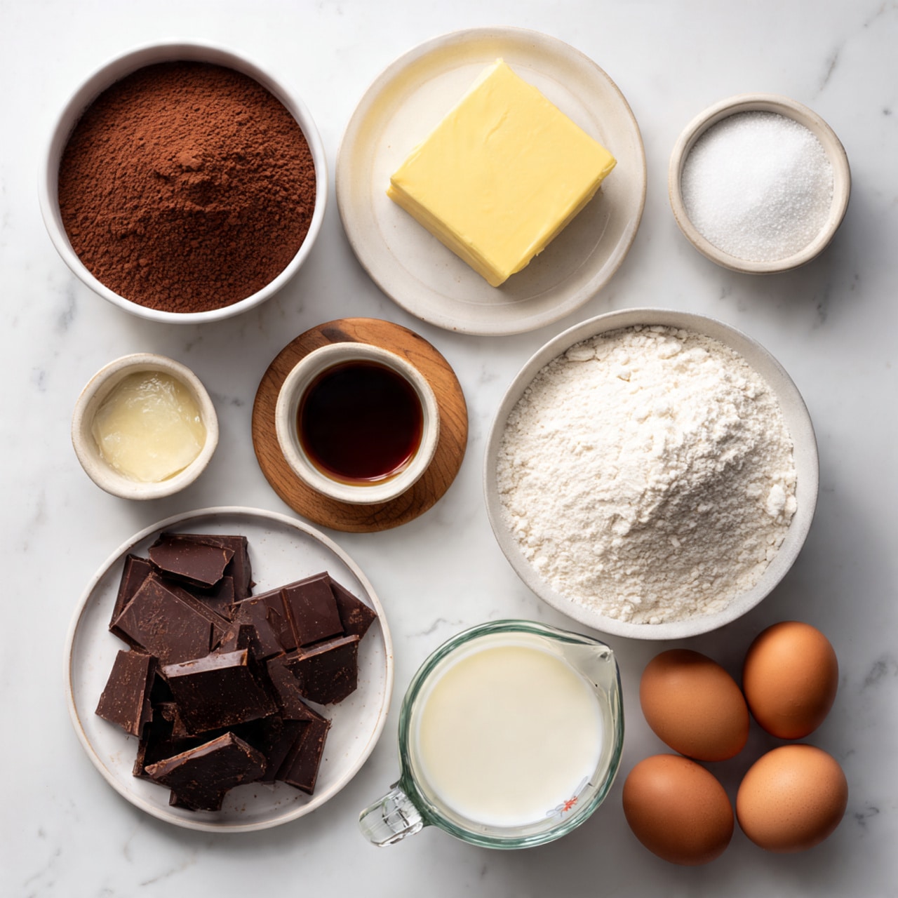 On a white marbled surface, there are nine containers and four brown eggs arranged neatly. Starting from the top left, a white bowl filled with fine cocoa powder sits next to a white plate holding a solid yellow stick of butter alongside a small white bowl with dark brown liquid. Below, a small wooden circular item is placed near a white bowl filled with white flour. To the right, a white jug contains white granulated sugar. Below it, a glass measuring cup is filled with a thick white liquid, and beside it are four brown eggs placed close together. At the bottom left, a white plate holds irregular pieces of dark chocolate. The setup gives a clean, orderly view of ingredients for a chocolate-based recipe photo taken with an iphone --ar 4:5 --v 7