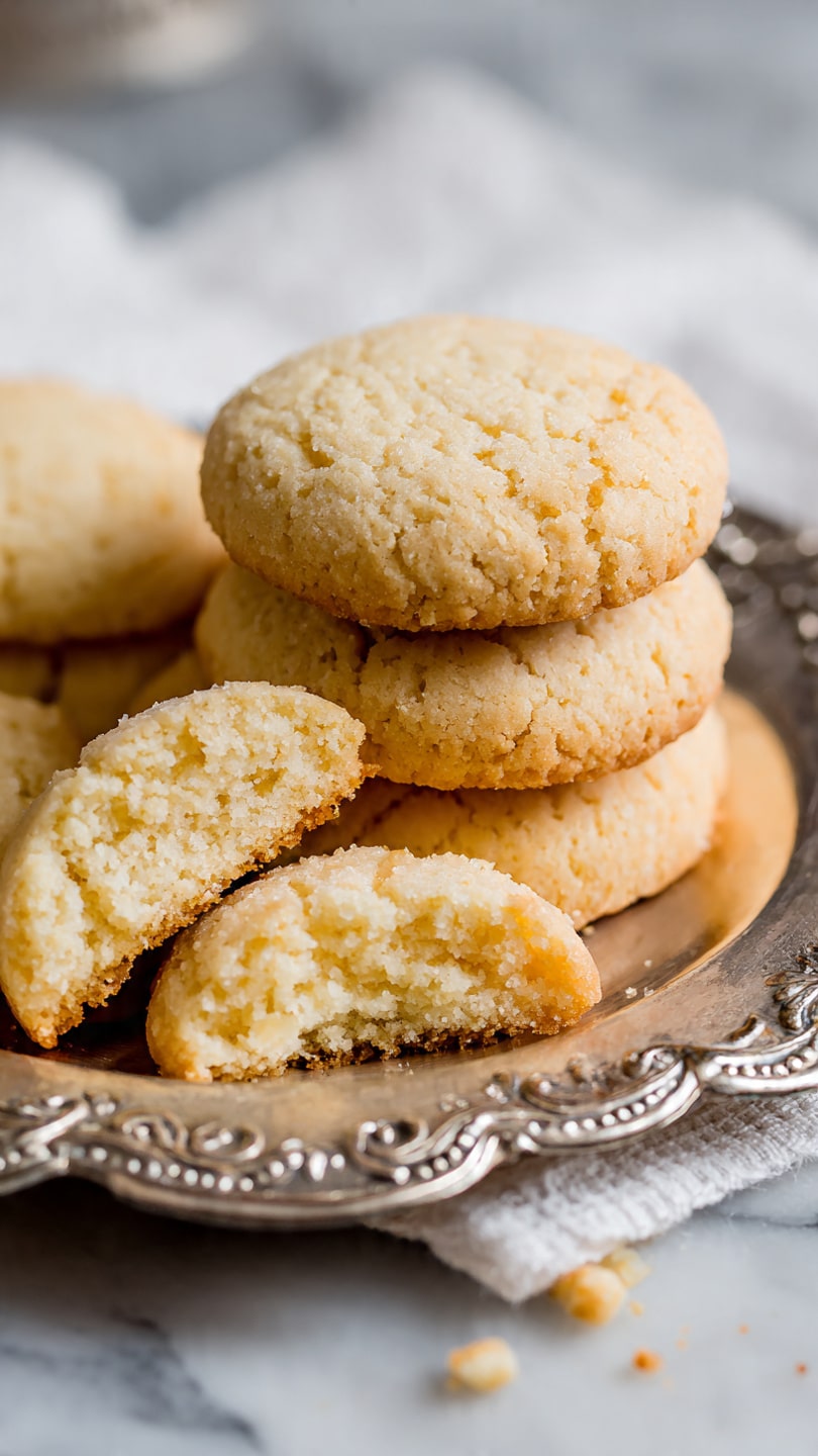 Three round, golden-yellow cookies with a crumbly texture and some small red threads on top sit closely together in a shallow, ornate silver plate with intricate patterns. Behind the cookies, a matching silver cover with a delicate lattice design is slightly open, showing part of the cookies. The background and surface beneath the plate have a white marbled texture. photo taken with an iphone --ar 4:5 --v 7