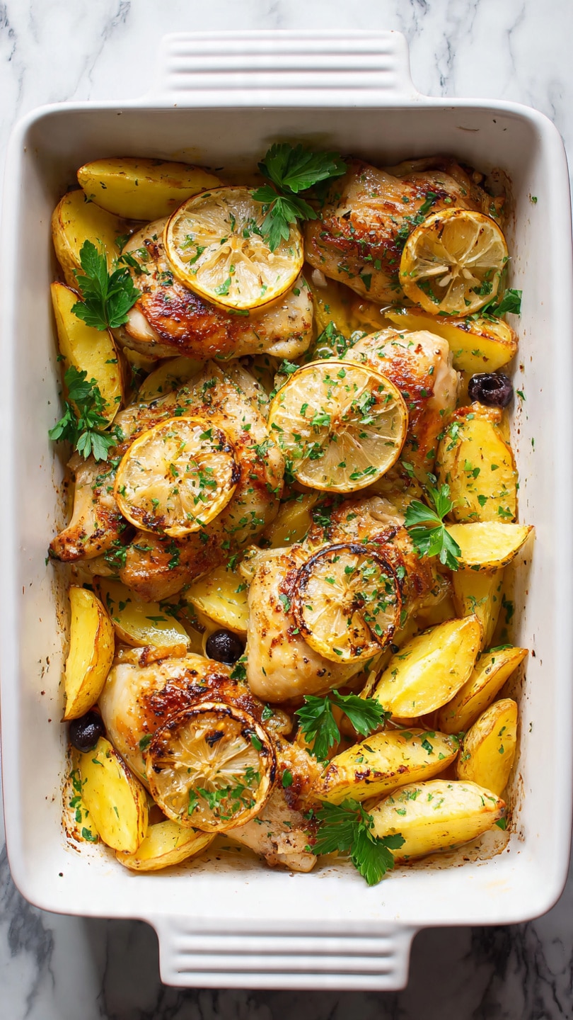 The image shows a white rectangular baking dish filled with golden-brown baked chicken pieces. Each chicken piece has a slightly crispy skin and is topped with a thin lemon slice that has browned edges. Around the chicken, there are yellow roasted potato wedges with soft texture, some black olives, and fresh green parsley leaves scattered on top. The dish appears juicy with some herbs sprinkled throughout, and the background is a white marbled texture. photo taken with an iphone --ar 4:5 --v 7