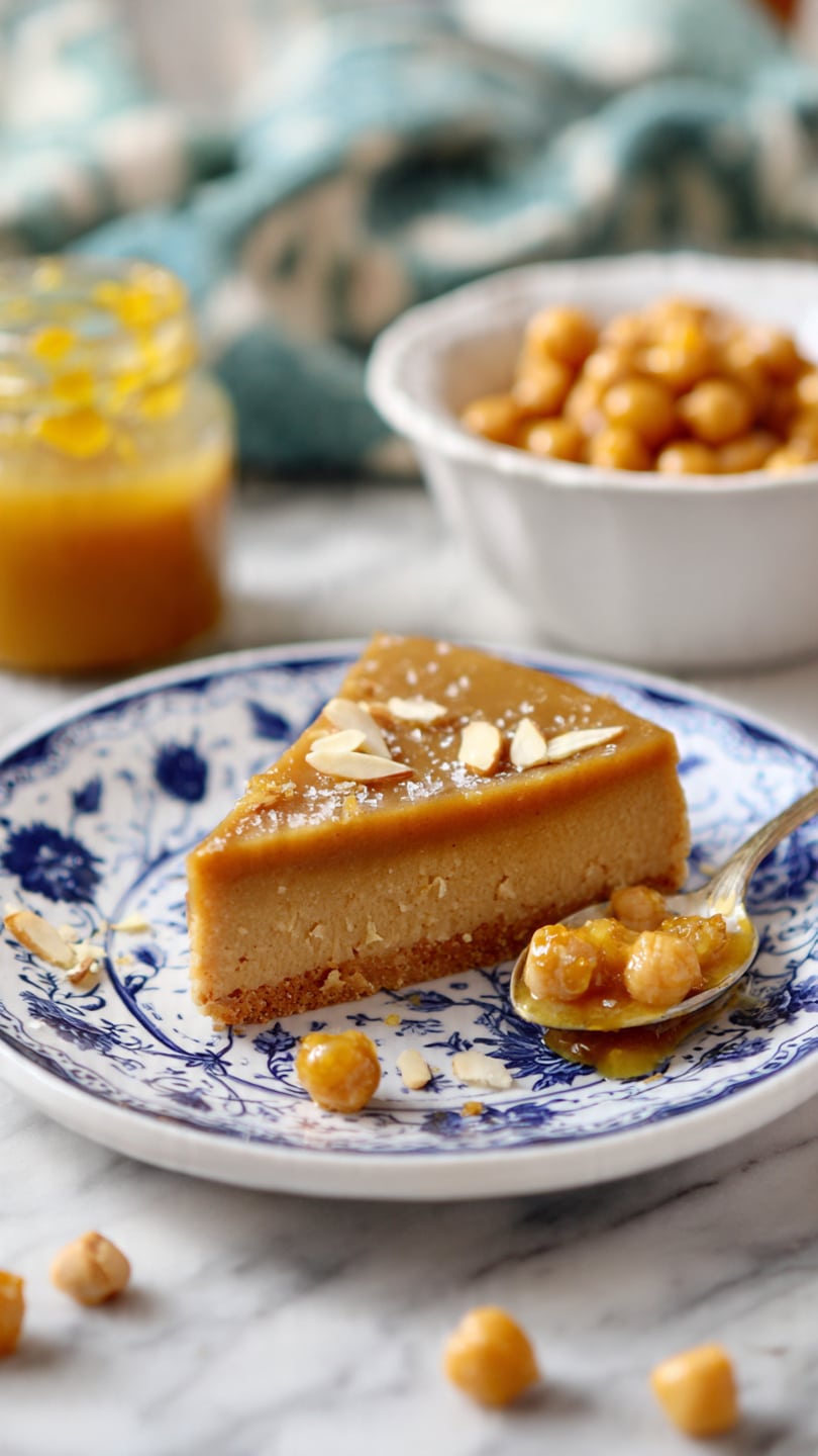 A white plate with blue floral patterns holds a single round layer of light brown, slightly grainy dessert. The dessert surface is smooth with small sugar crystals visible, and it is topped with thin slivers of pale yellow nuts scattered unevenly across the top. A spoon lifts a small portion from the right side, showing the same texture. In the background, there is a white bowl filled with chickpeas in a brown sauce and a small glass jar with a chunky yellow condiment on a white marbled surface covered slightly with a blue and green patterned cloth. photo taken with an iphone --ar 4:5 --v 7