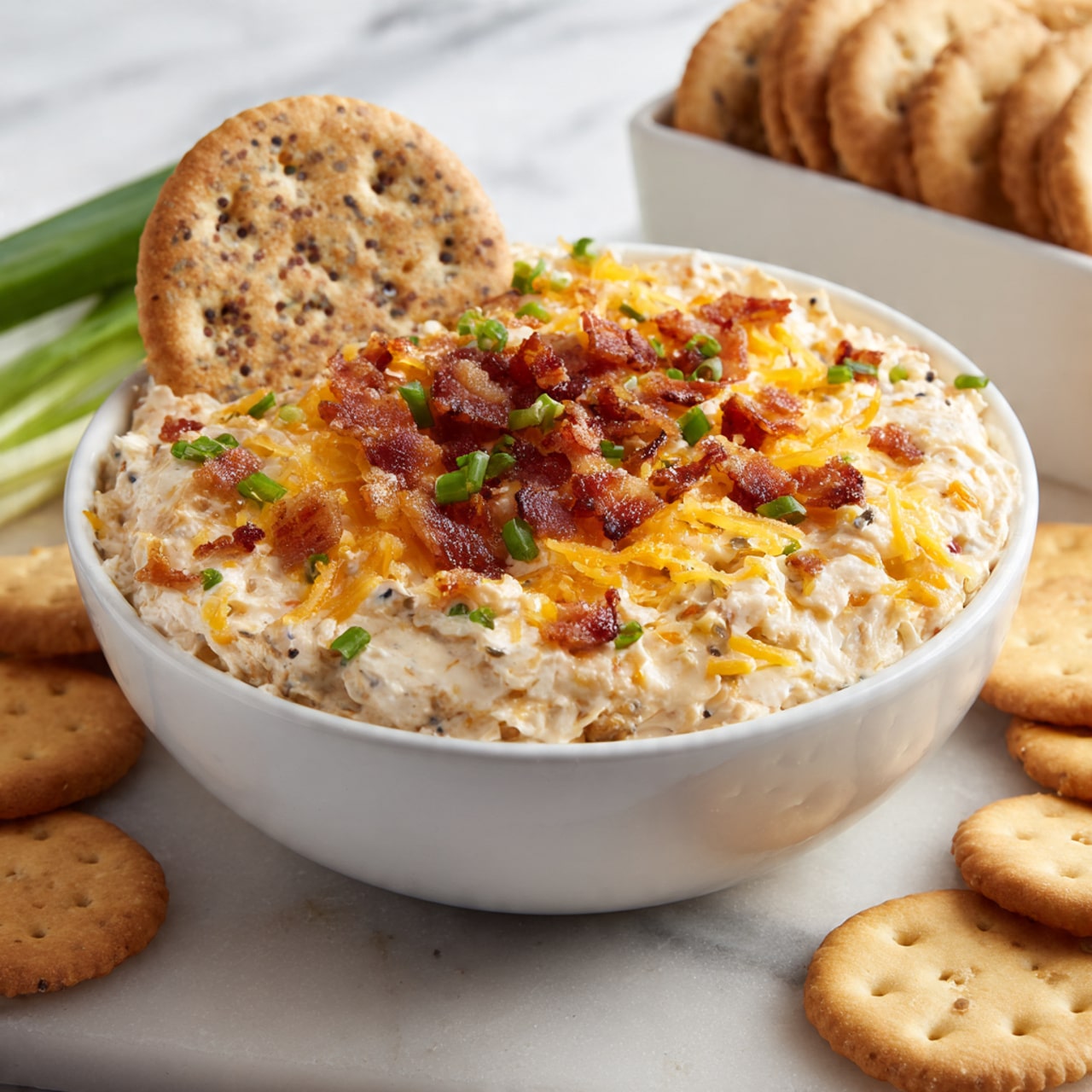 A close-up view of a white bowl filled with a creamy layered salad. The bottom layer is a mix of shredded pale orange cheese and white cream, thick in texture. Scattered throughout are small pieces of red crispy bits and light toasted almond slices. On top, bright green chopped scallions add fresh color. In the background, there is a white bowl holding square beige crackers and some round yellow crackers on the white marbled surface. photo taken with an iphone --ar 4:5 --v 7