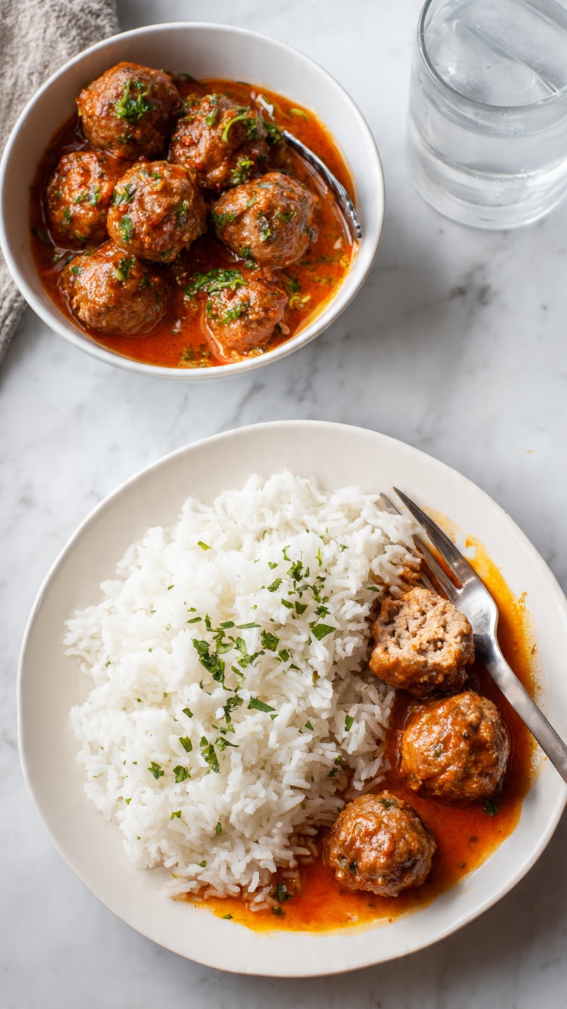 A white bowl filled with about ten medium-sized brown meatballs in a rich, orange-brown creamy sauce, garnished with small green herb leaves scattered on top. The bowl sits on a white marbled surface, with a white plate of fluffy white rice blurred in the background. The textures show the slightly rough meatballs submerged in smooth sauce with a light sheen. Photo taken with an iphone --ar 4:5 --v 7