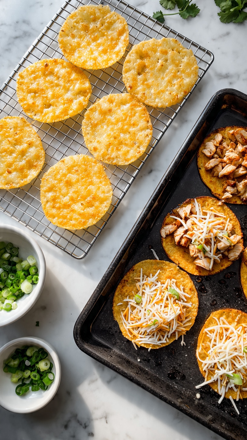 The image shows two parts: on the left, six round, golden-yellow crispy tortillas are lined up on a metal cooling rack over a white marbled surface, each tortilla with a bubbly and slightly uneven texture. On the right, six crispy tortillas are placed on a black metal baking tray, three of them are topped with shredded cheese in white and light orange shades, and the other three are covered with small pieces of cooked chicken in light brown color. Around the tray, there are small round white bowls with chopped green onions and fresh cilantro. The scene is bright with natural light, emphasizing the crispy texture and warm colors of the food. Photo taken with an iphone --ar 4:5 --v 7