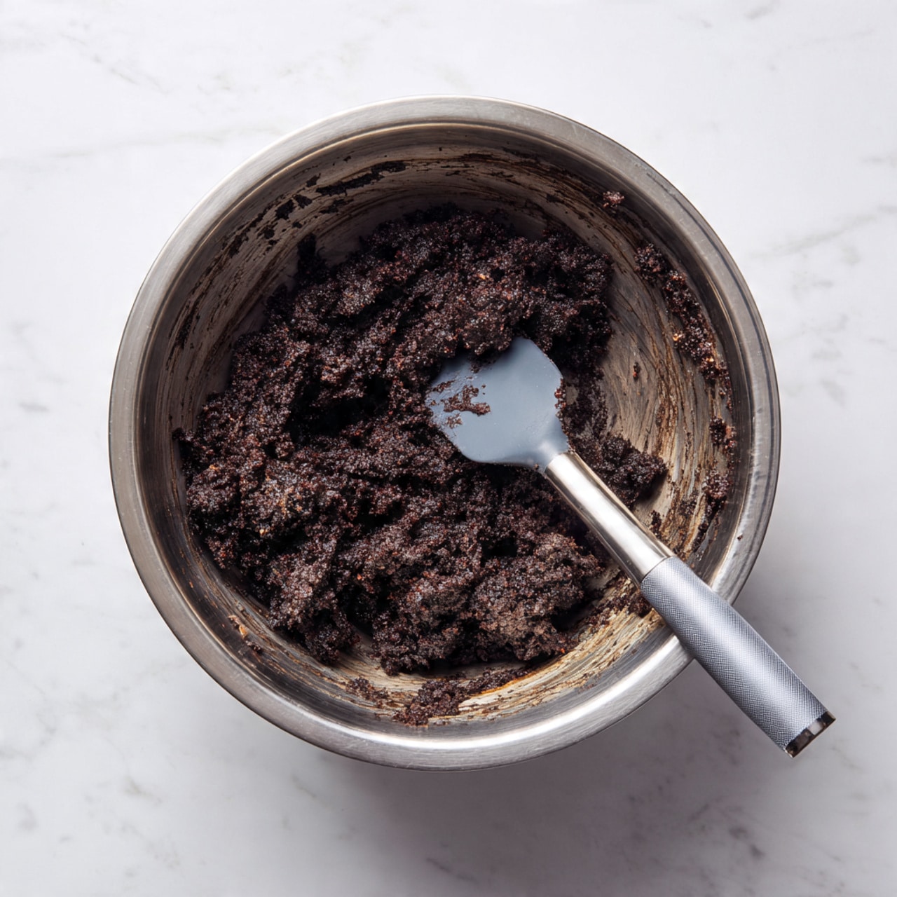 Inside a shiny metal mixing bowl on a white marbled surface, there is a thick dark brown dough with a slightly crumbly texture. The dough clumps together in uneven chunks mostly gathered at the center of the bowl. A grey spatula with a silver handle rests inside the bowl, partly covered with the same dark dough. The inside walls of the bowl are smeared with the dough, showing its dense and moist consistency. Photo taken with an iphone --ar 4:5 --v 7