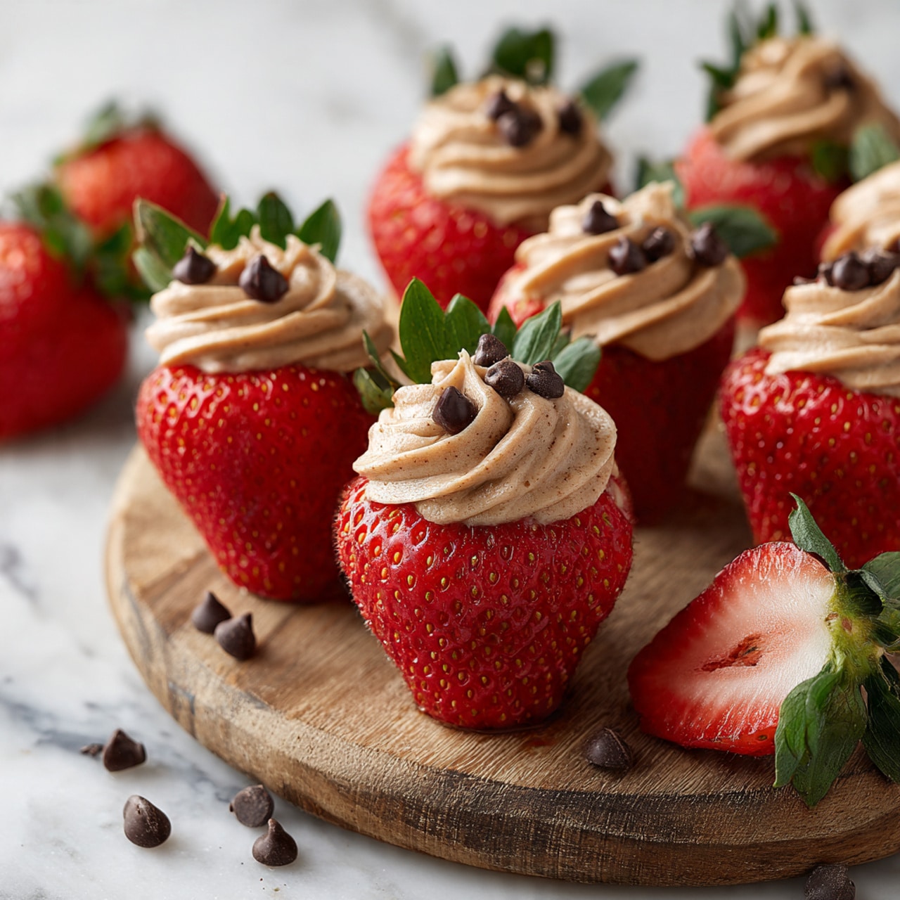 The image shows many red strawberries that are cut in half and filled with a swirl of light brown chocolate cream on top, each decorated with a few small dark chocolate chips. The strawberries have green leaves still attached at the base, and they are arranged on a round wooden board with some scattered strawberry leaves and chocolate chips around them. The scene is set on a white marbled surface, giving a clean and fresh look. In the foreground, one strawberry half is in clear focus, showing the smooth and creamy texture of chocolate on the bright red fruit with tiny seeds visible. Photo taken with an iphone --ar 4:5 --v 7