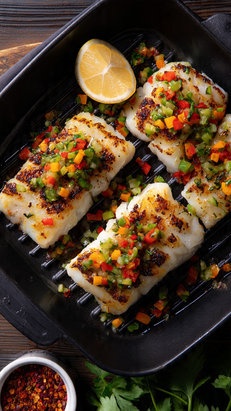 A black cast iron pan holds five pieces of browned fish fillets, each topped with a mix of small red, green, and light yellow chopped vegetables, giving a colorful and fresh look. The fish has a crispy, dark golden-brown crust. A half lemon with a pale yellow interior sits in the pan near the fillets. The pan rests on a wooden table, which is partly covered by a gray and white striped cloth with two silver forks on it. Next to the cloth, there is a small bunch of bright green basil leaves. In the top part of the image, there is a white bowl containing red and light brown powdered spices. Photo taken with an iphone --ar 4:5 --v 7