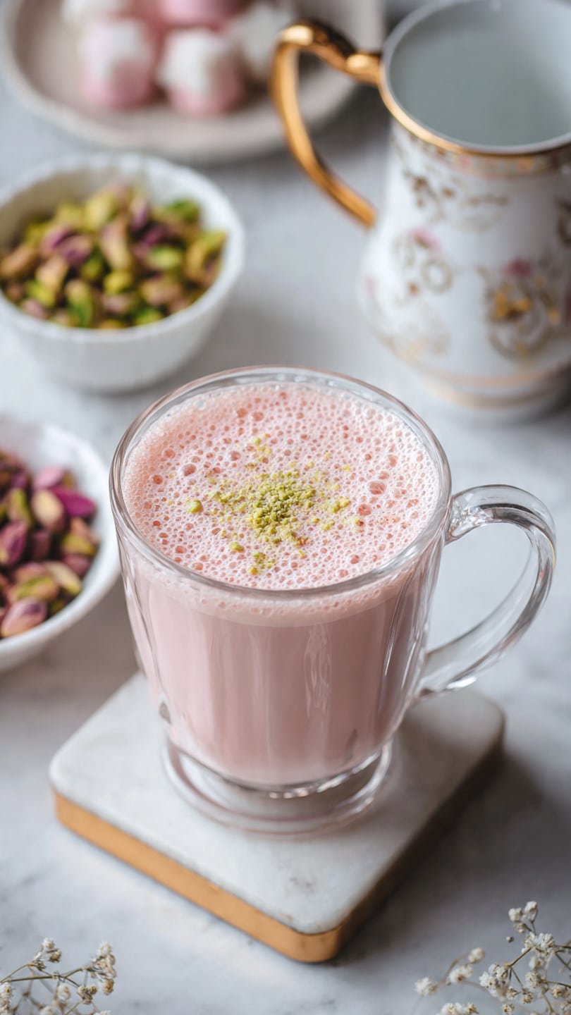 A clear glass cup with a handle is being filled with a thick pink liquid that creates a swirling pattern as it pours inside. The cup sits on a white plate with wavy edges, placed on a white marbled surface. The background shows soft, out-of-focus white and pastel bowls adding a gentle atmosphere. The pouring liquid has a smooth texture with small green bits floating on the surface. Photo taken with an iphone --ar 4:5 --v 7