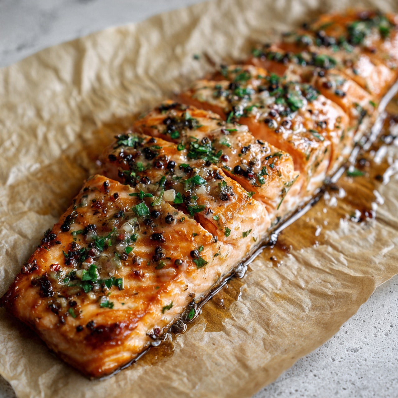 A close-up view of a cooked fish fillet with several diagonal cuts on top, showing a shiny, glazed surface covered in herbs and spices. The fish has a golden-brown color with darker grill marks and green herb bits spread over it. The texture looks tender and juicy with a slight crisp on the edges. The fillet rests in a white marbled tray, and the background is softly blurred to keep focus on the fish's detailed surface. photo taken with an iphone --ar 4:5 --v 7