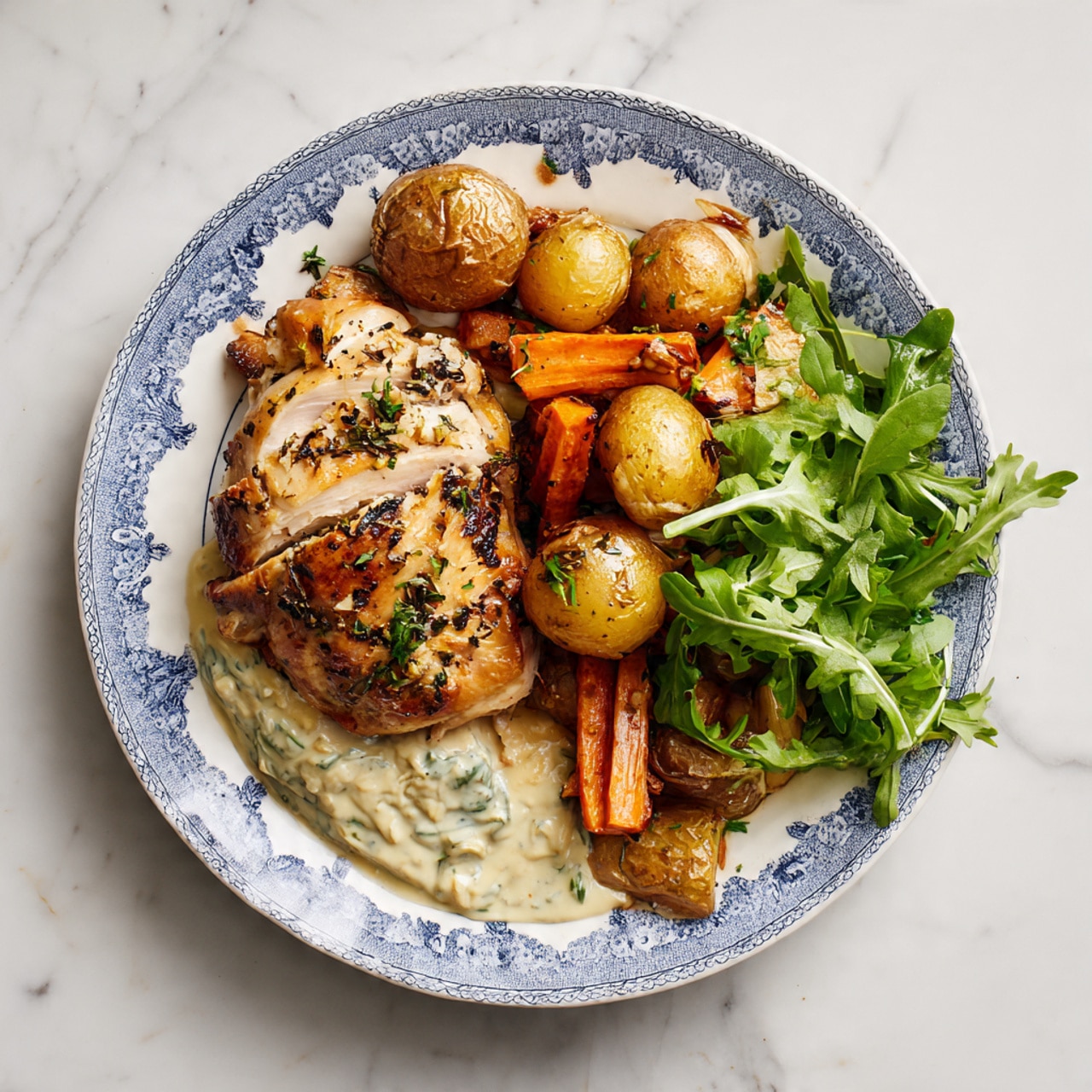 A white and blue patterned plate holds a meal with three main layers. The bottom layer is a thick, creamy white sauce spread across the plate with a smooth texture. On top of the sauce, there are golden-brown roasted baby potatoes and orange carrot slices mixed with green herbs, giving a warm and earthy color mix. The top layer is a large piece of roasted chicken with golden and slightly crispy skin, seasoned with visible black and green herbs. Next to the chicken are fresh, bright green arugula leaves adding a fresh touch. Everything is placed on a white marbled surface. Photo taken with an iphone --ar 4:5 --v 7