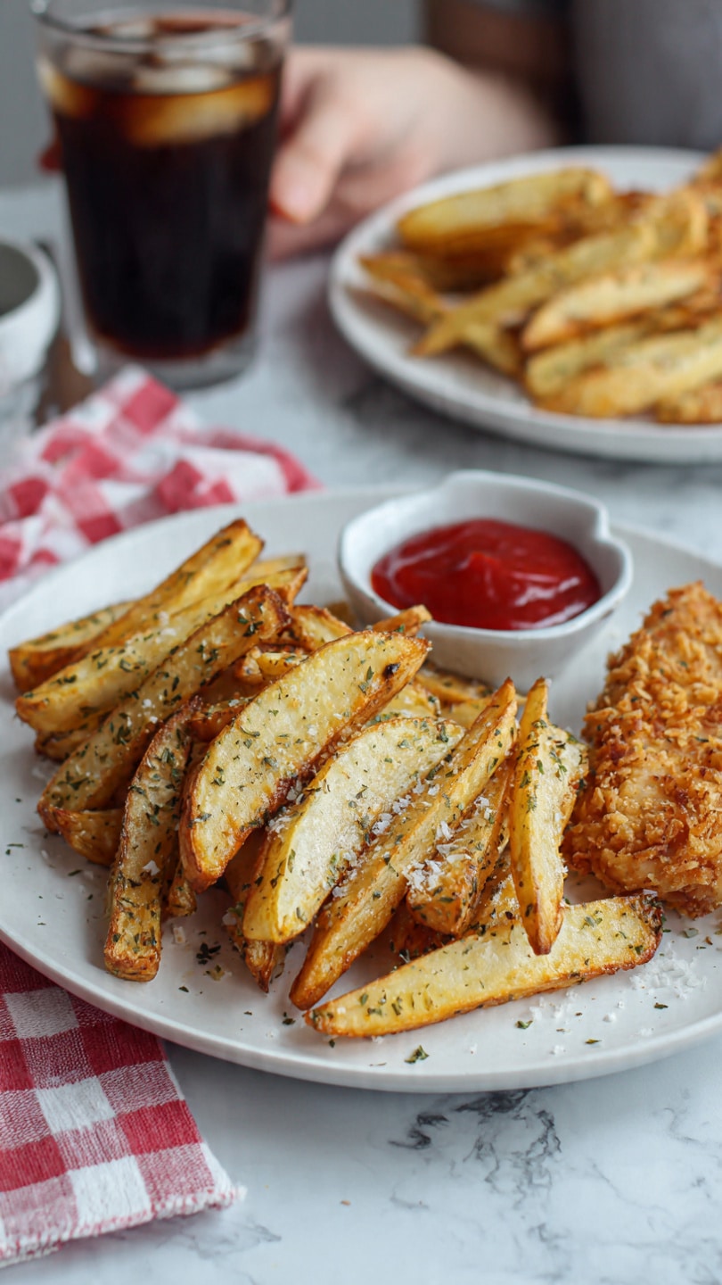 The image shows a white plate on a white marbled surface with three main layers of food. The first layer is golden brown potato wedges, seasoned with herbs and some white sprinkles, laid across the front of the plate, with a slightly crispy texture. Behind the wedges, on the right side, is a piece of fried chicken with a crunchy, golden brown coating. In the background, there is a second white plate holding more potato wedges, and a glass of dark soda with ice sits to the far left. To the right, a small white bowl filled with red ketchup is visible, with a red and white checkered cloth underneath. A woman's hand is faintly visible near the back plate. Photo taken with an iphone --ar 4:5 --v 7
